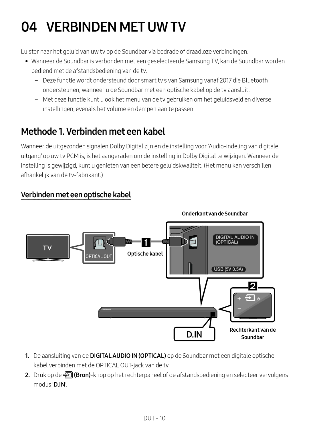 Samsung HW-N550/XN, HW-N550/EN Verbinden MET UW TV, Methode 1. Verbinden met een kabel, Verbinden met een optische kabel 