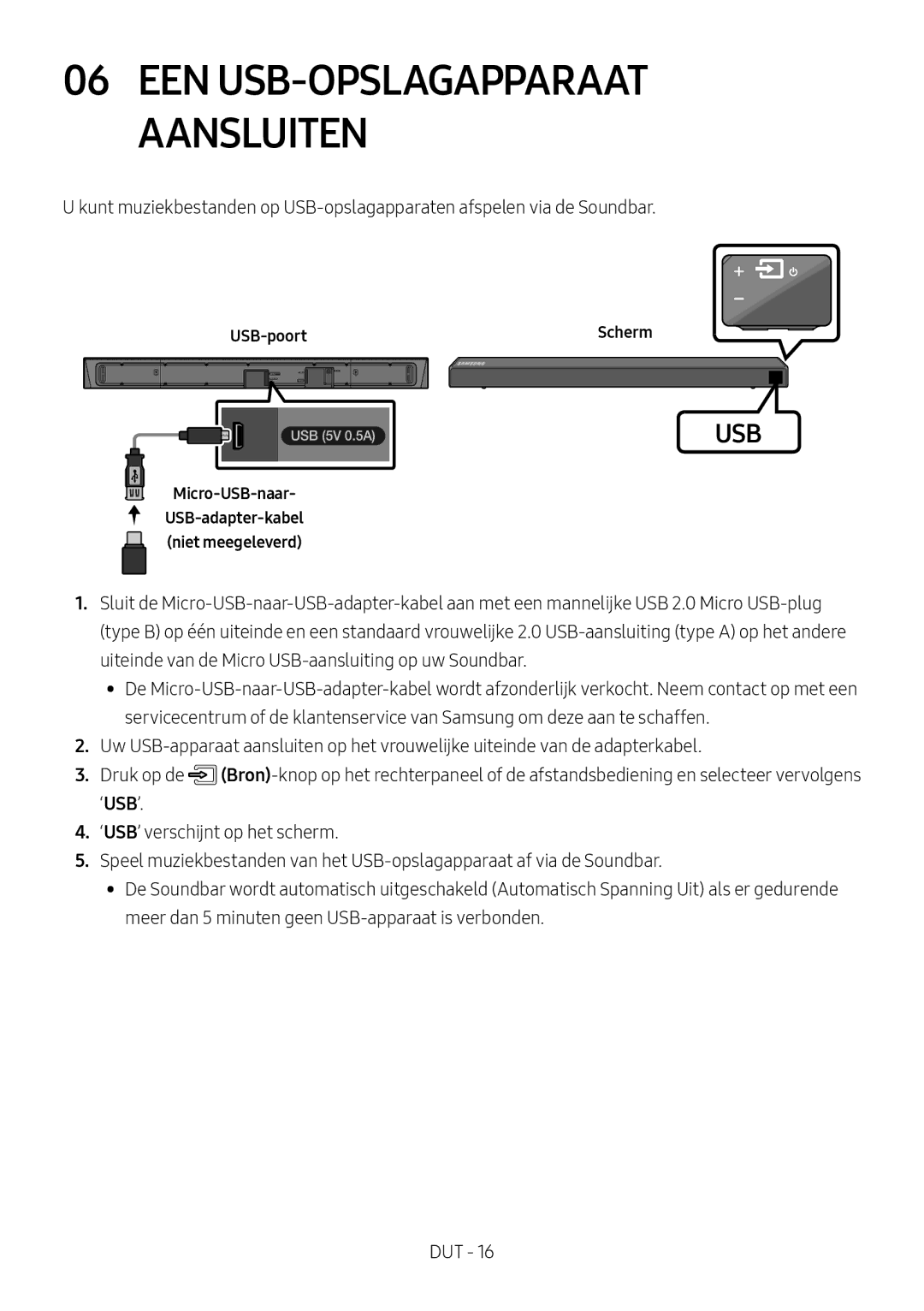 Samsung HW-N550/XN, HW-N550/EN manual USB-poort, Micro-USB-naar USB-adapter-kabel Niet meegeleverd 