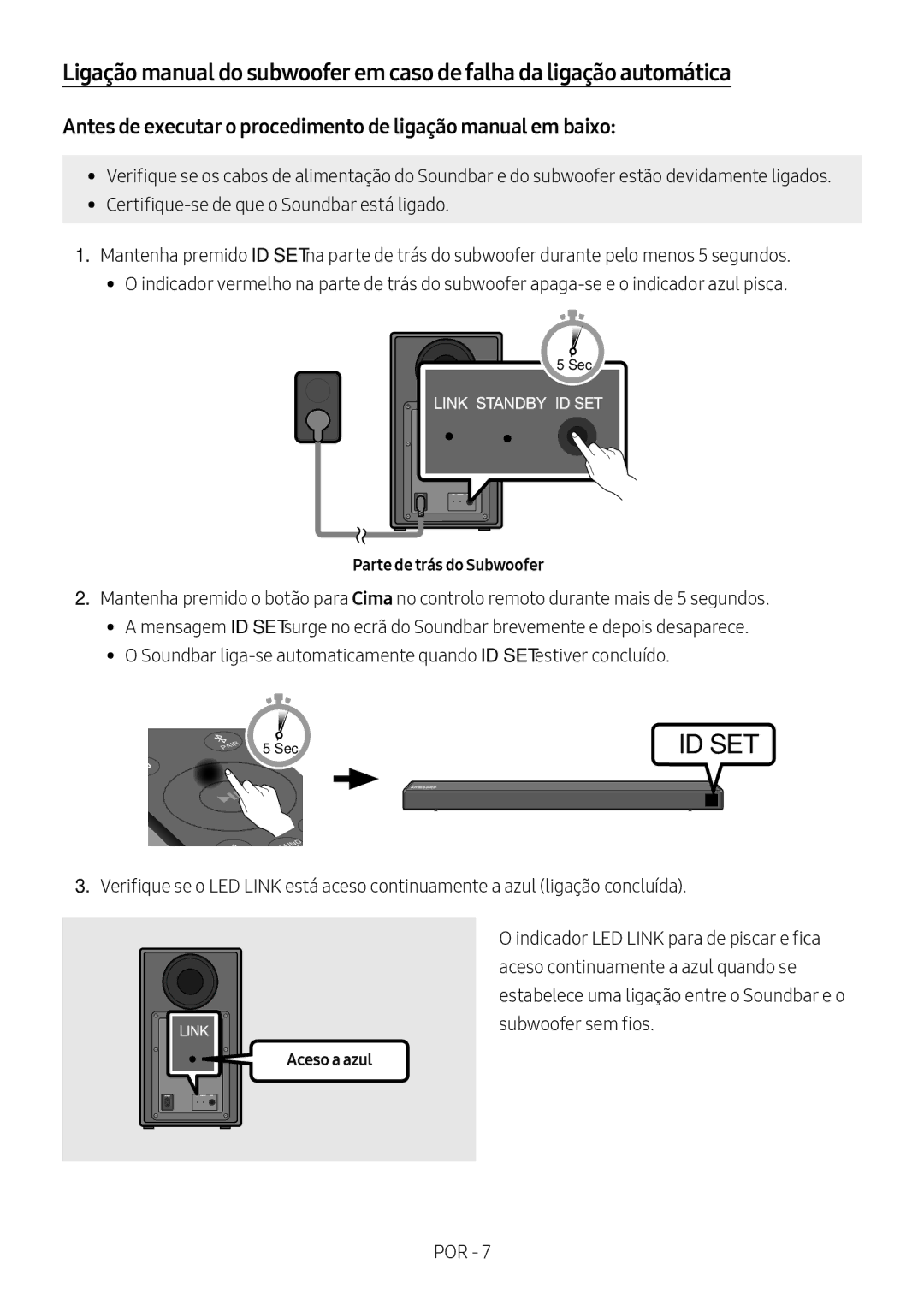 Samsung HW-N550/ZF Antes de executar o procedimento de ligação manual em baixo, Parte de trás do Subwoofer, Aceso a azul 