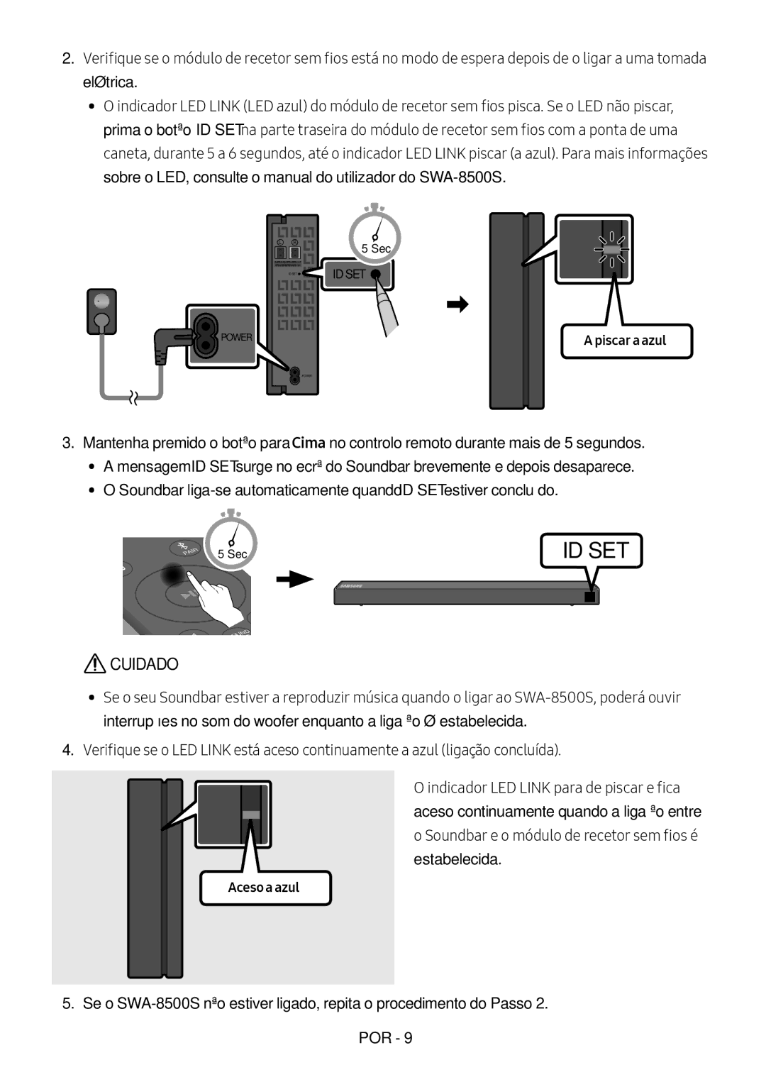 Samsung HW-N550/ZF manual Cuidado, Piscar a azul 