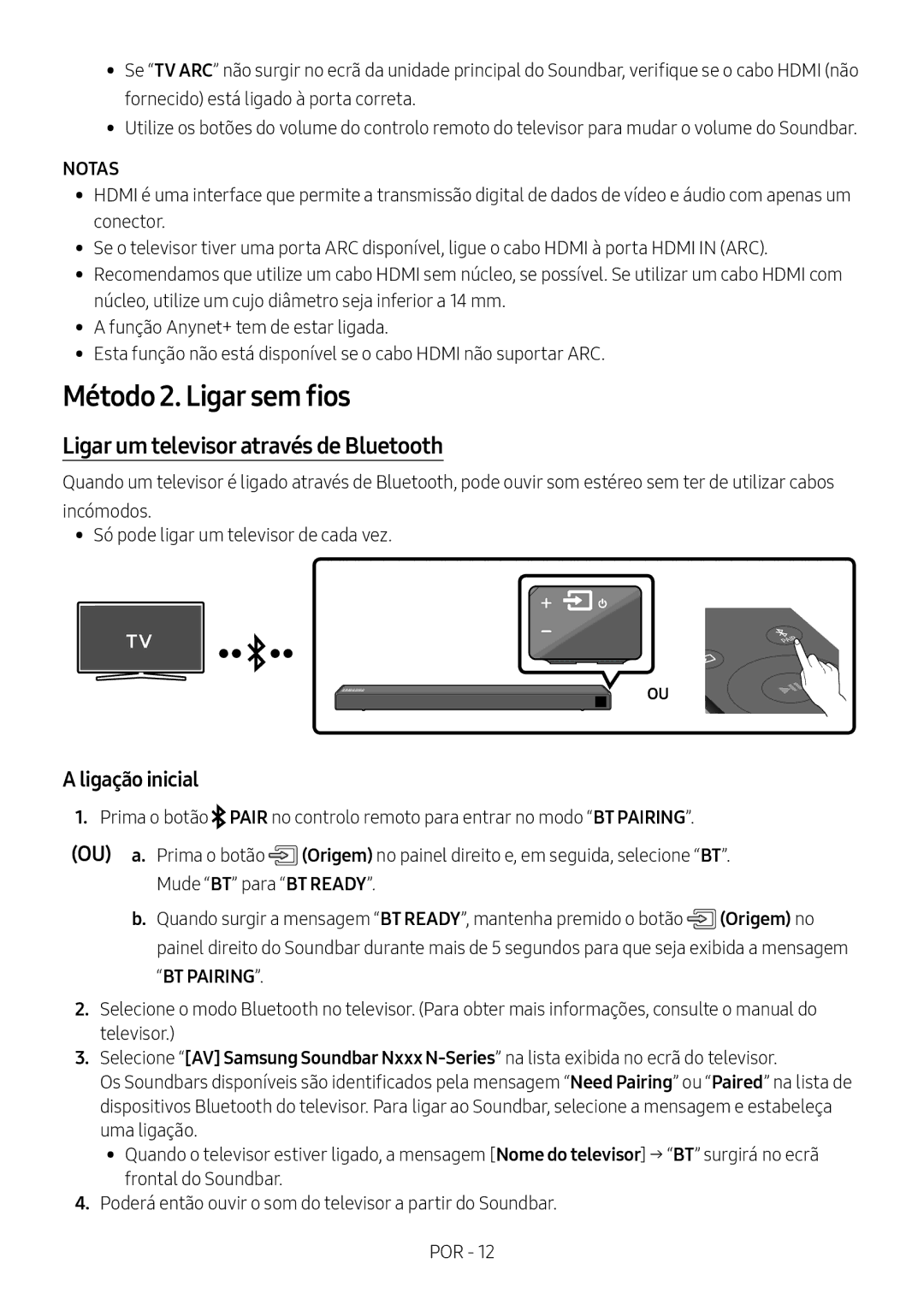 Samsung HW-N550/ZF manual Método 2. Ligar sem fios, Ligar um televisor através de Bluetooth, Ligação inicial 