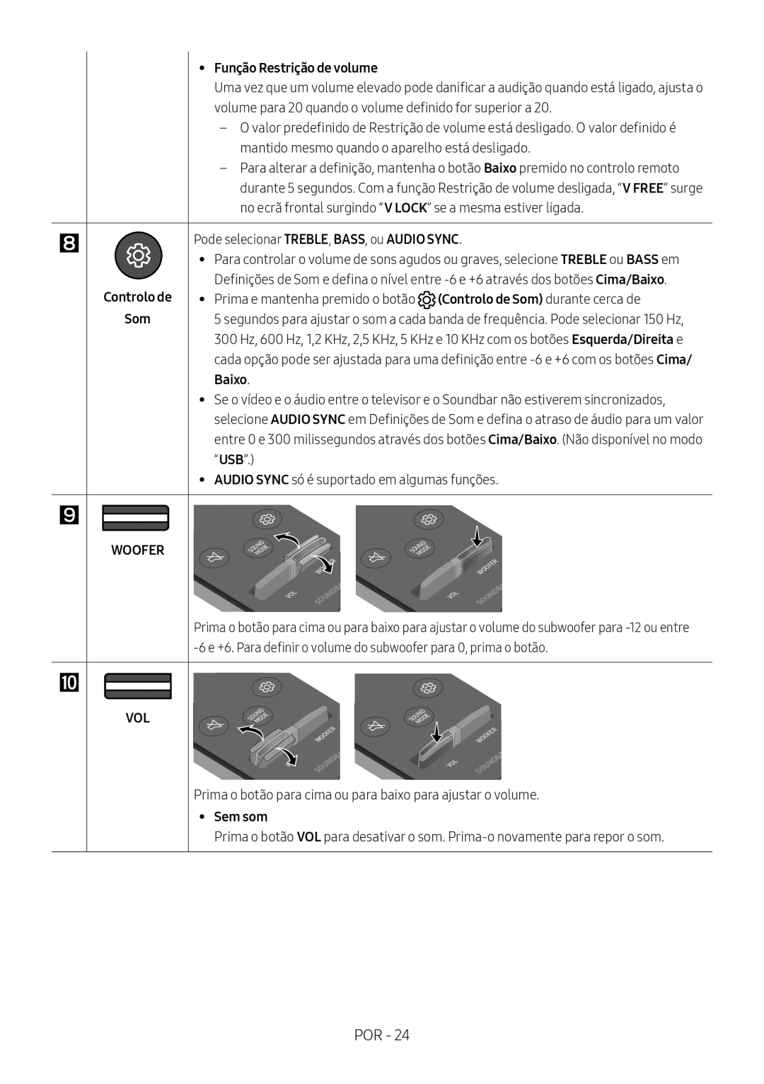 Samsung HW-N550/ZF manual Controlo de Som, Função Restrição de volume, Pode selecionar TREBLE, BASS, ou Audio Sync 