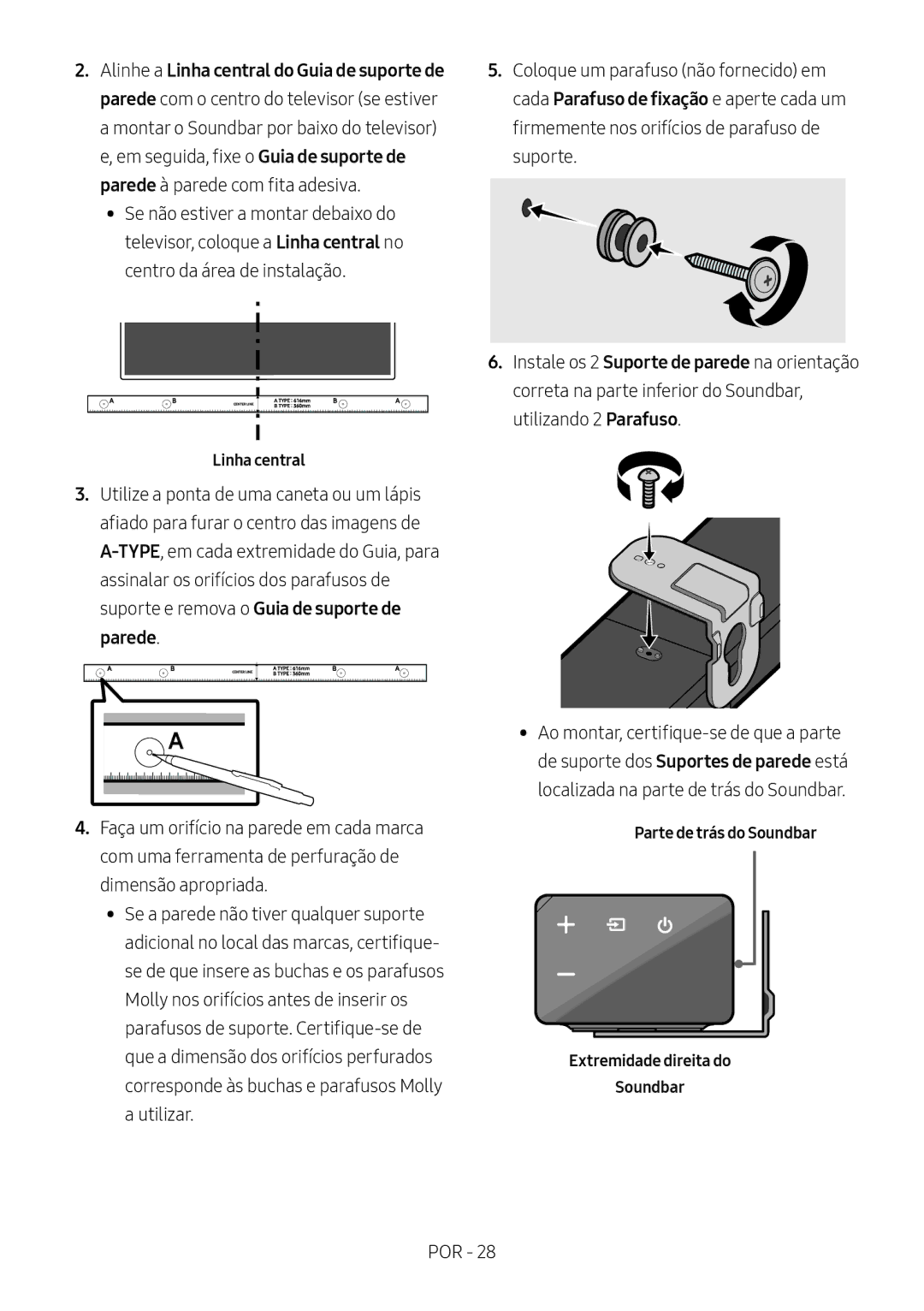 Samsung HW-N550/ZF manual Linha central, Parte de trás do Soundbar Extremidade direita do 