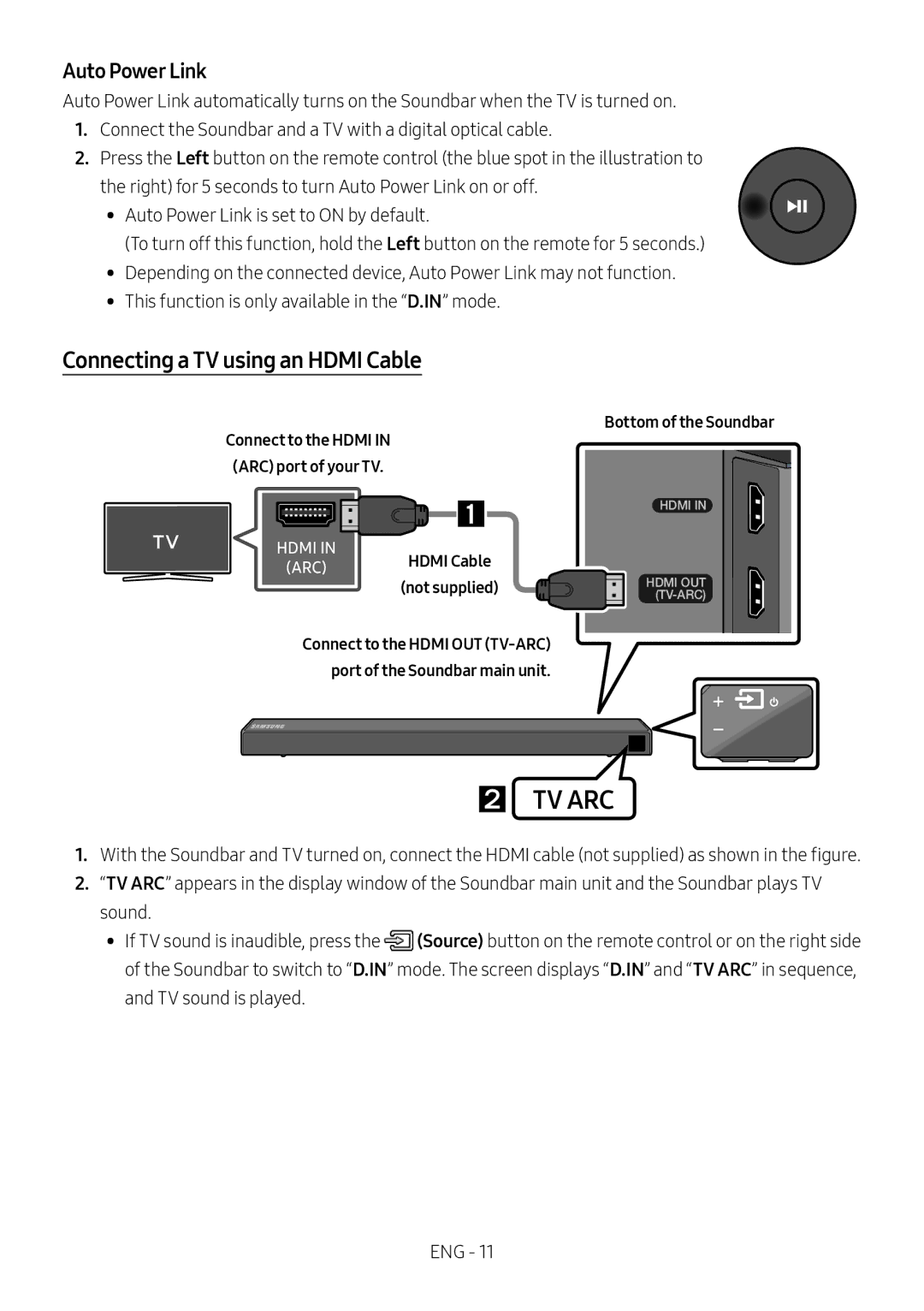 Samsung HW-N550/ZF manual Connecting a TV using an Hdmi Cable, Auto Power Link, ARC Hdmi Cable not supplied 