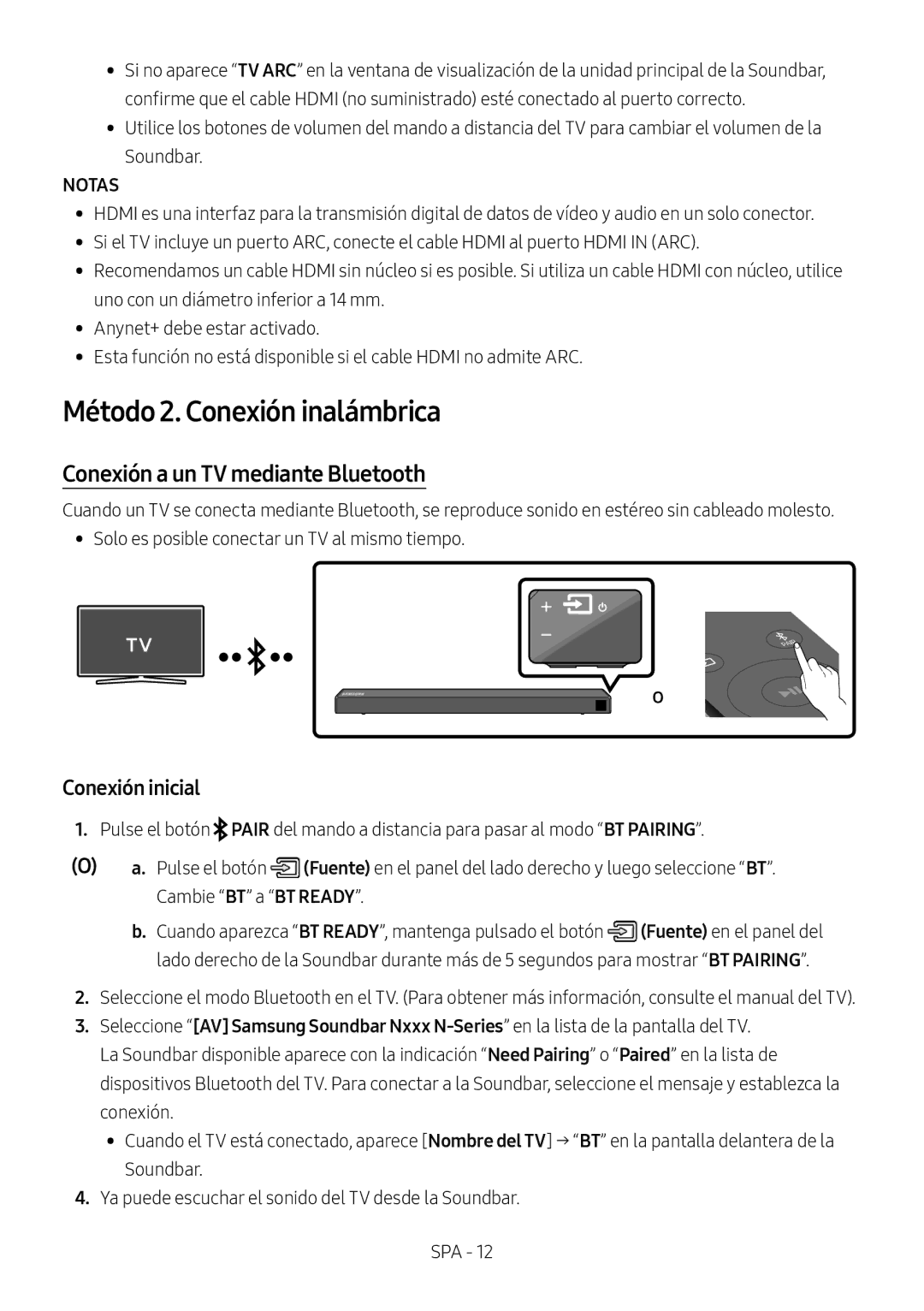 Samsung HW-N550/ZF manual Método 2. Conexión inalámbrica, Conexión a un TV mediante Bluetooth, Conexión inicial 