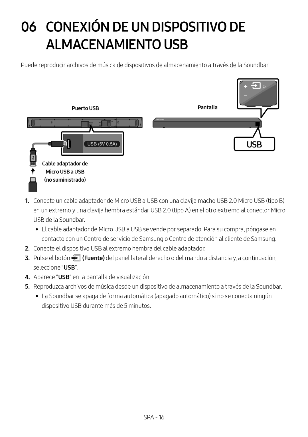 Samsung HW-N550/ZF manual Puerto USB, Cable adaptador de 