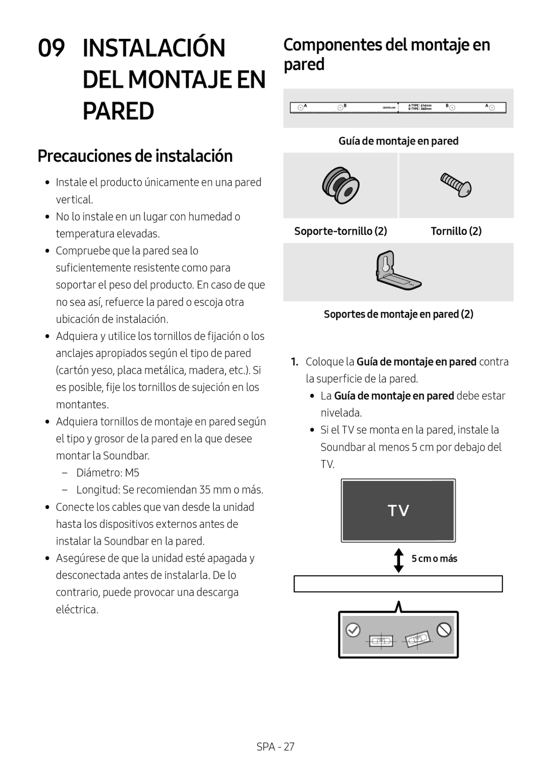 Samsung HW-N550/ZF manual Instalación DEL Montaje EN Pared, Precauciones de instalación, Componentes del montaje en pared 