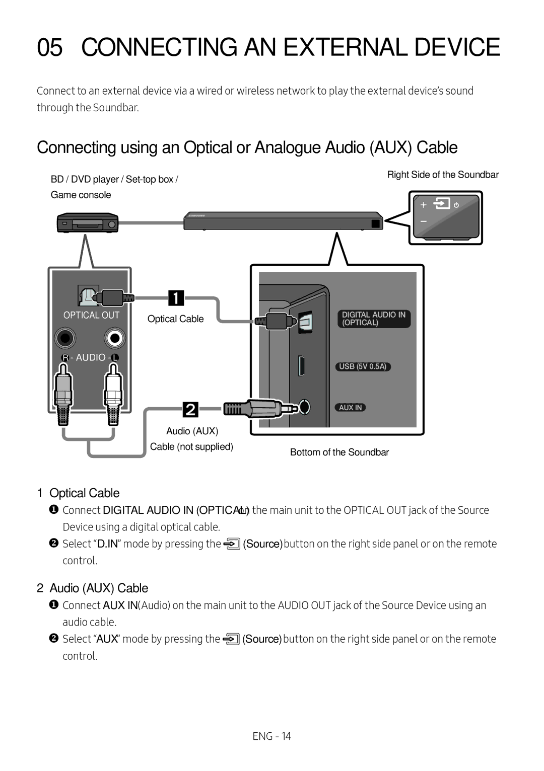 Samsung HW-N550/ZF Connecting AN External Device, Connecting using an Optical or Analogue Audio AUX Cable, Optical Cable 