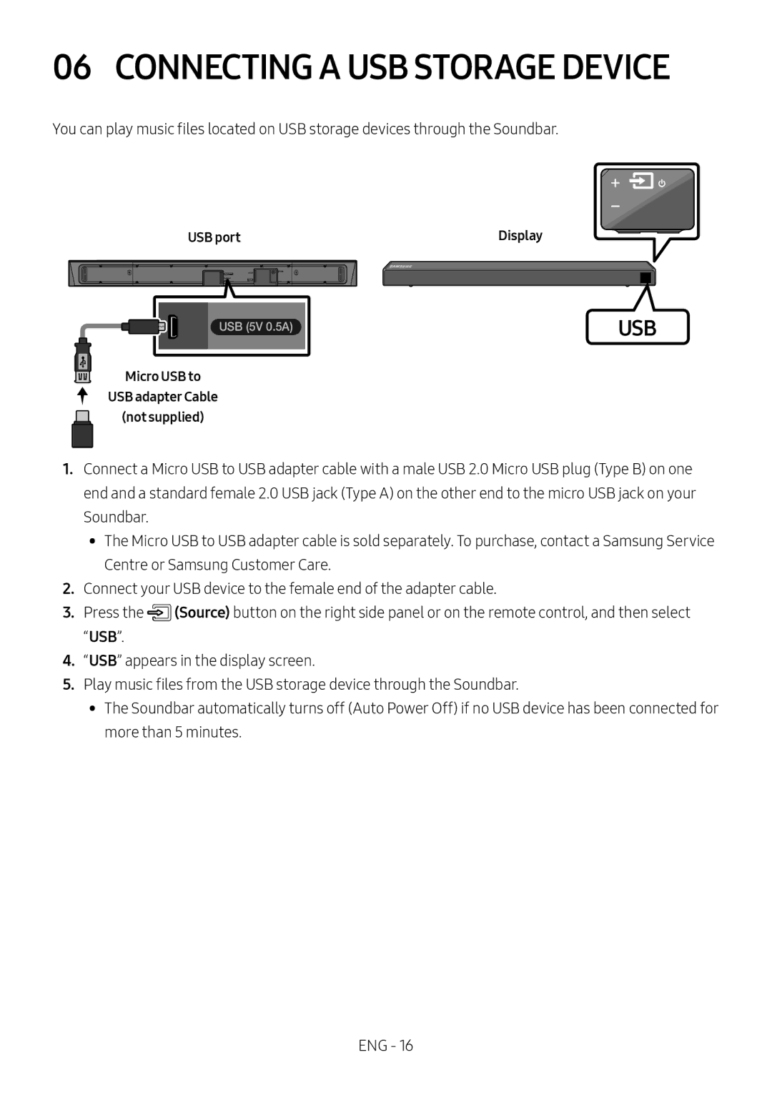 Samsung HW-N550/ZF manual Connecting a USB Storage Device, USB port, Micro USB to USB adapter Cable Not supplied 