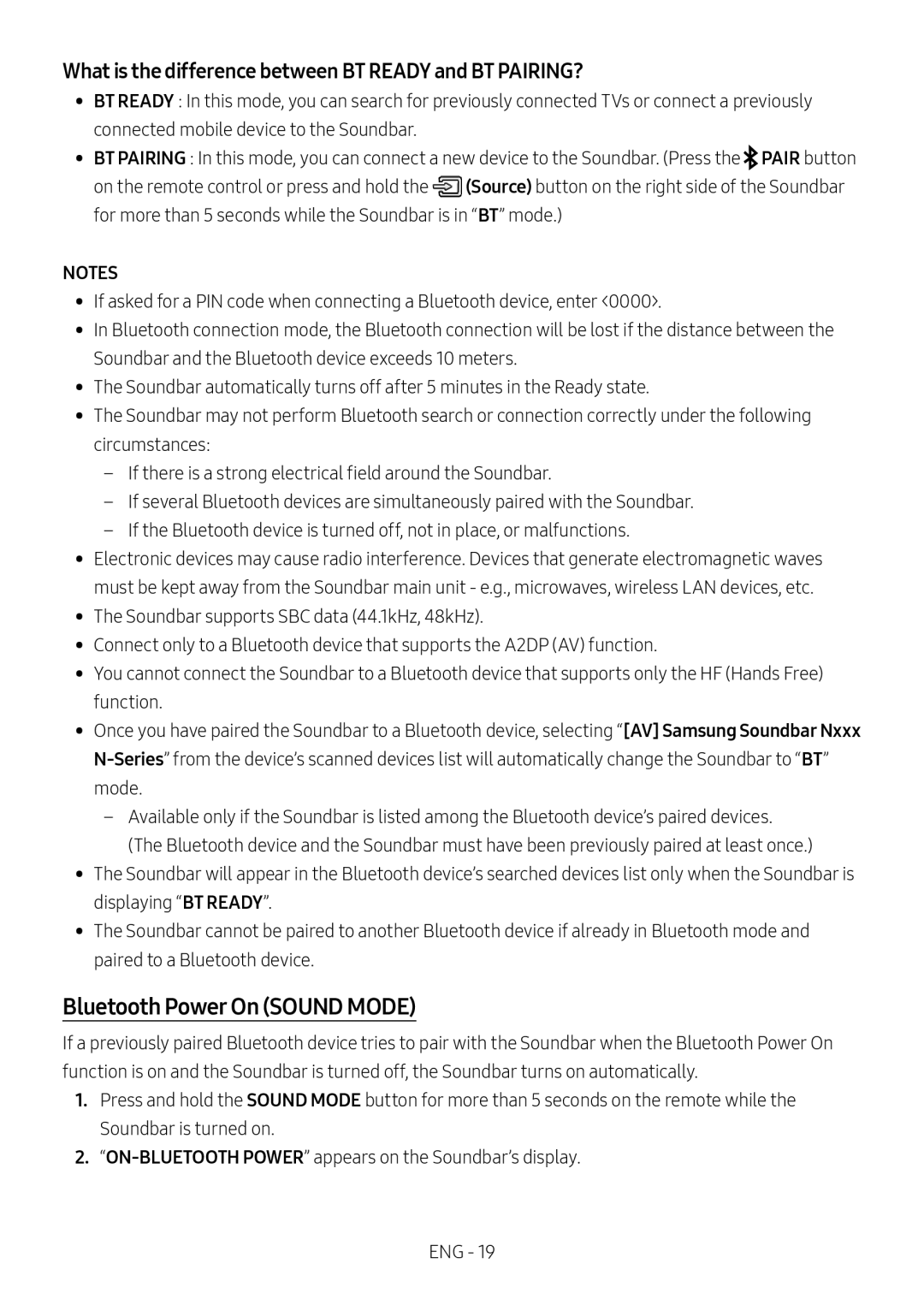 Samsung HW-N550/ZF manual Bluetooth Power On Sound Mode, What is the difference between BT Ready and BT PAIRING? 