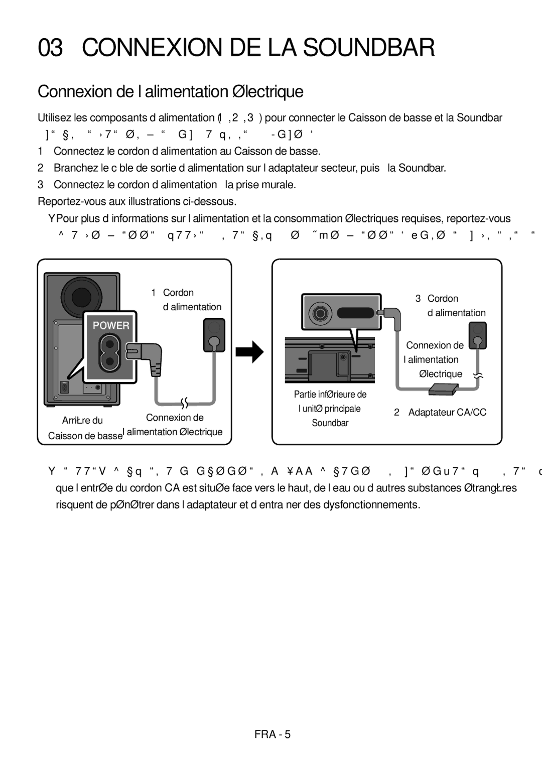 Samsung HW-N550/ZF manual Connexion DE LA Soundbar, Connexion de l’alimentation électrique 