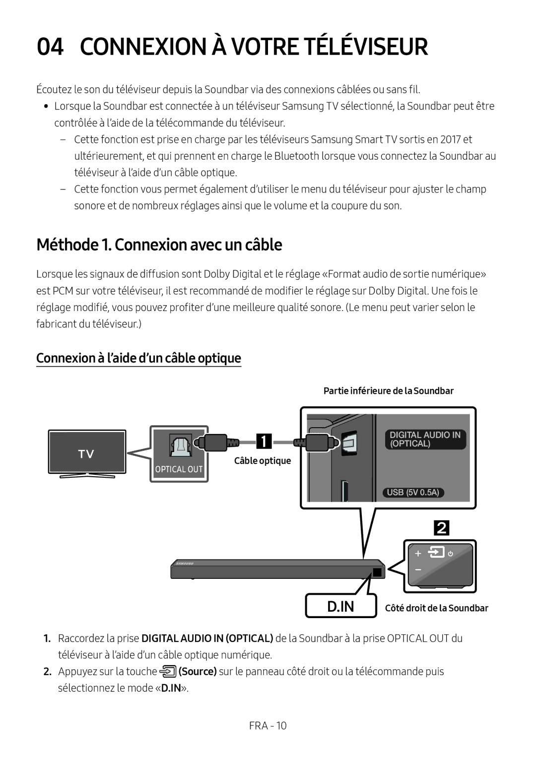 Samsung HW-N550/ZF Connexion À Votre Téléviseur, Méthode 1. Connexion avec un câble, Connexion à l’aide d’un câble optique 