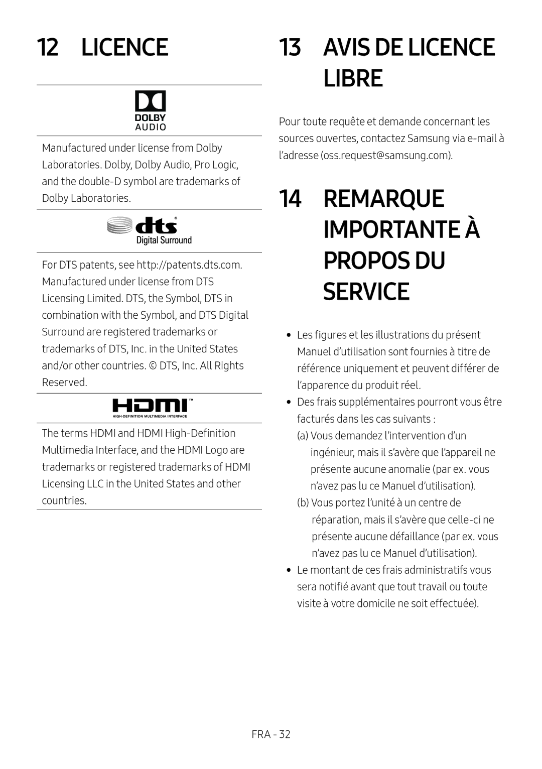 Samsung HW-N550/ZF manual Remarque Importante À Propos DU Service, Avis DE Licence Libre 