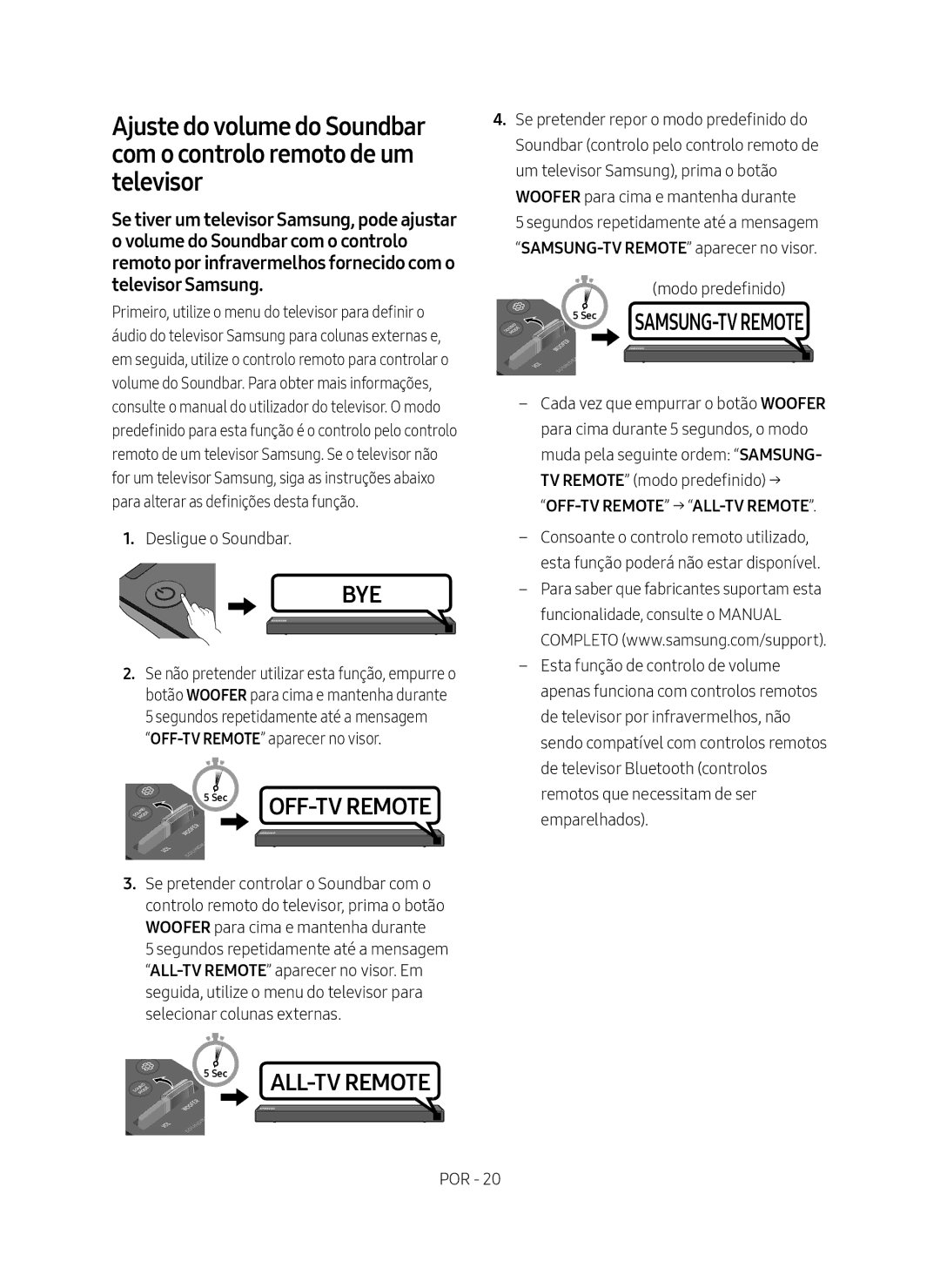 Samsung HW-N550/ZF manual Primeiro, utilize o menu do televisor para definir o, OFF-TV Remote → ALL-TV Remote 