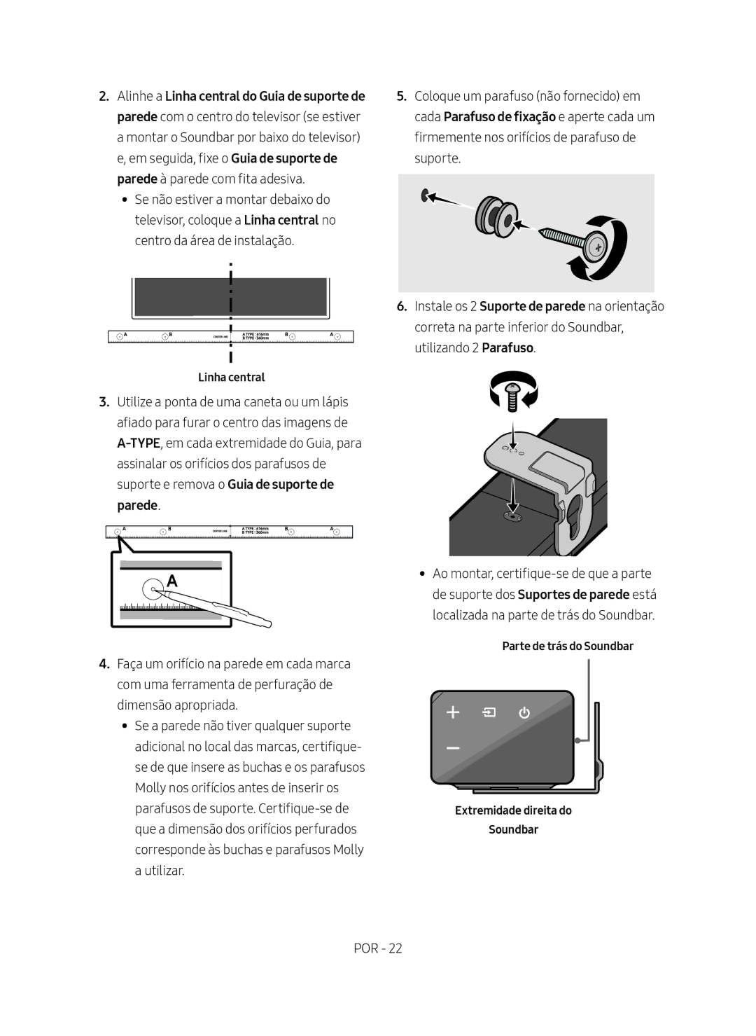 Samsung HW-N550/ZF manual Linha central, Parte de trás do Soundbar Extremidade direita do 