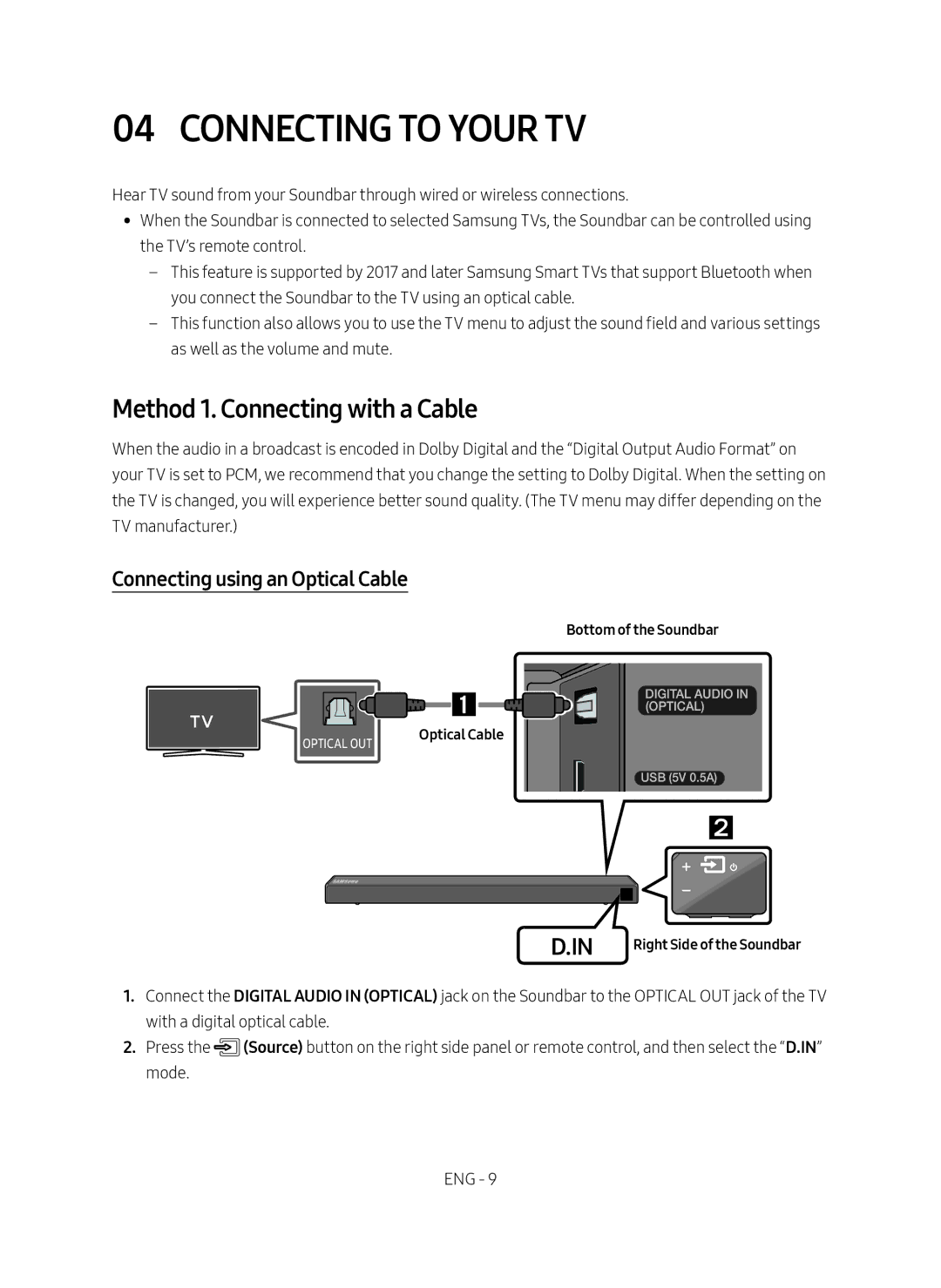 Samsung HW-N550/ZF manual Connecting to Your TV, Method 1. Connecting with a Cable, Connecting using an Optical Cable 