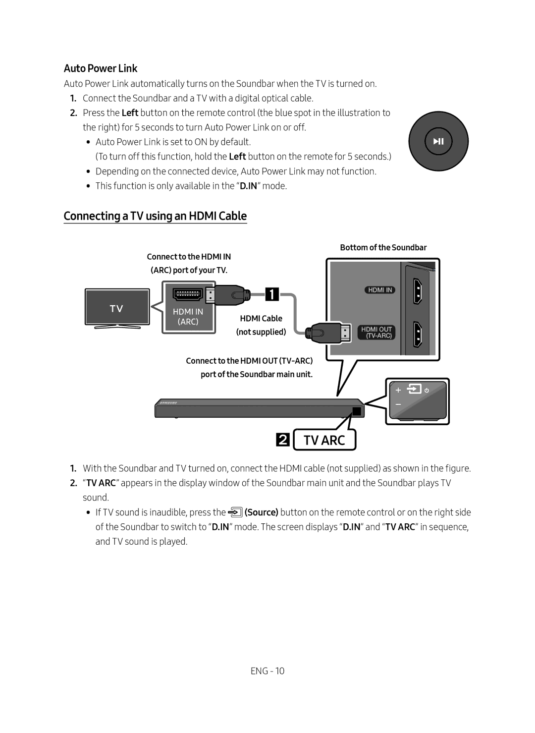 Samsung HW-N550/ZF manual Connecting a TV using an Hdmi Cable, Auto Power Link, ARC Hdmi Cable not supplied 