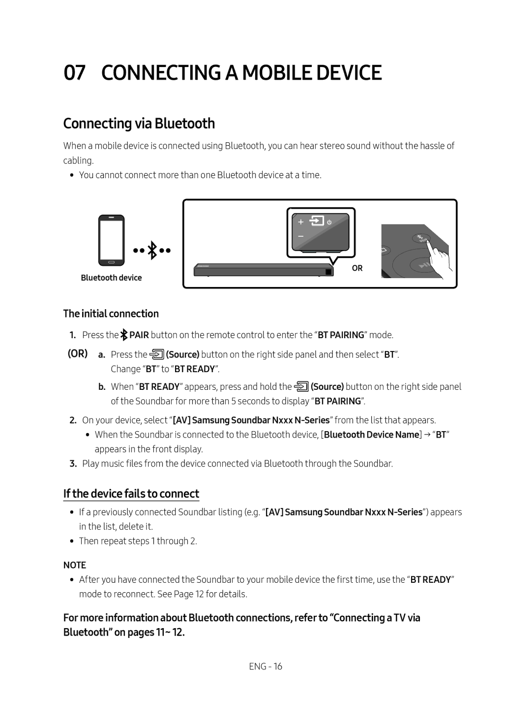 Samsung HW-N550/ZF Connecting a Mobile Device, Connecting via Bluetooth, If the device fails to connect, Bluetooth device 