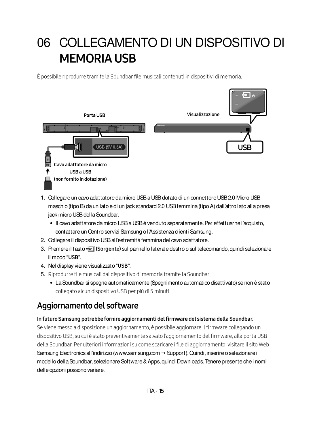 Samsung HW-N550/ZF manual Memoria USB, Aggiornamento del software, Porta USB 