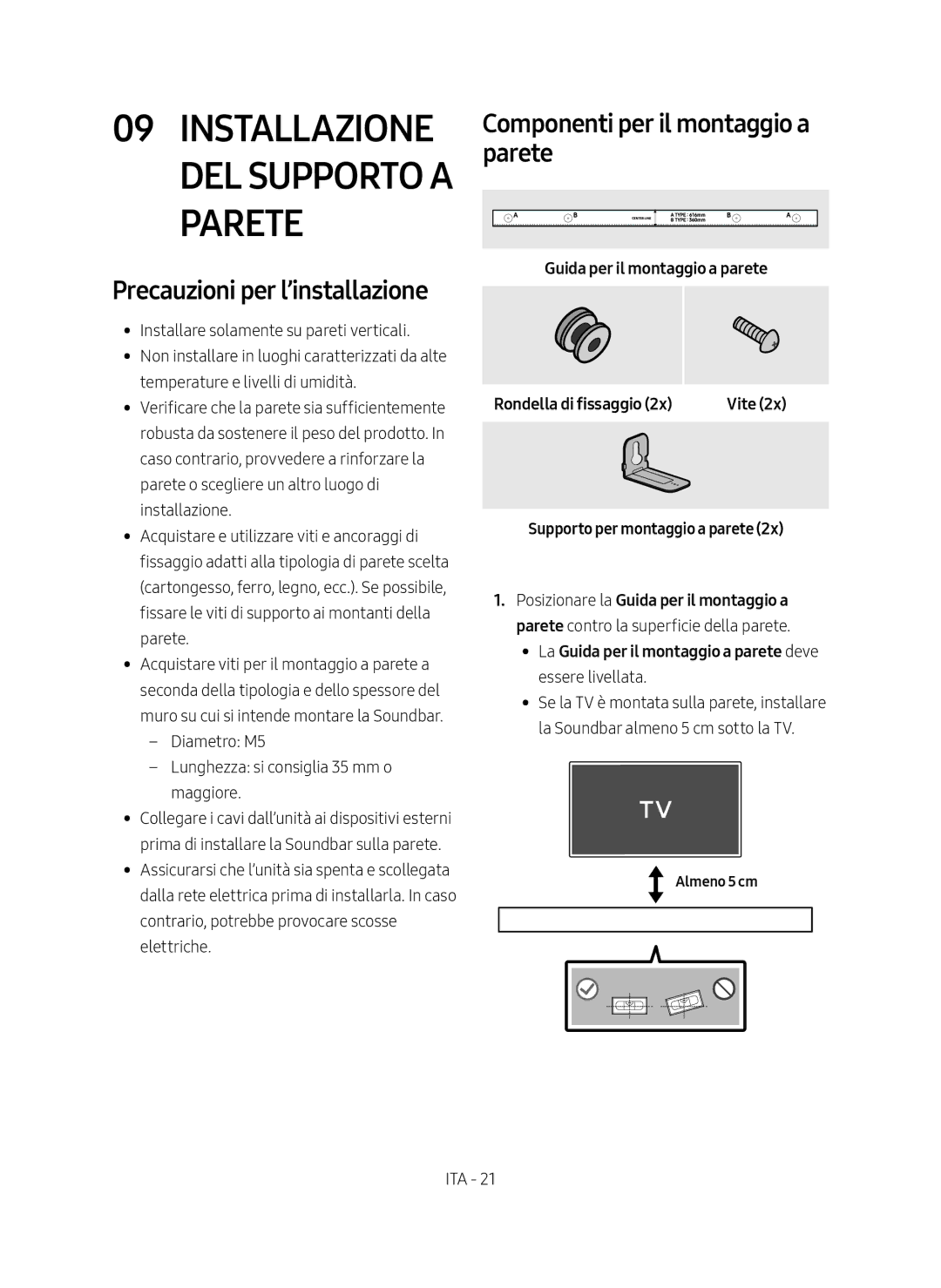 Samsung HW-N550/ZF Precauzioni per l’installazione, Componenti per il montaggio a parete, Supporto per montaggio a parete 