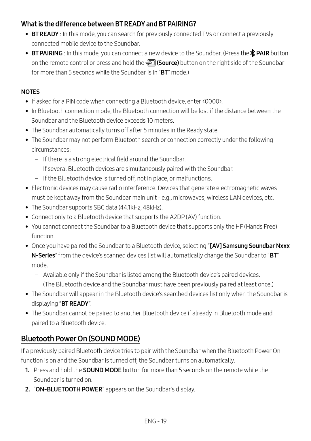 Samsung HW-N550/EN, HW-N550/ZG manual Bluetooth Power On Sound Mode, What is the difference between BT Ready and BT PAIRING? 