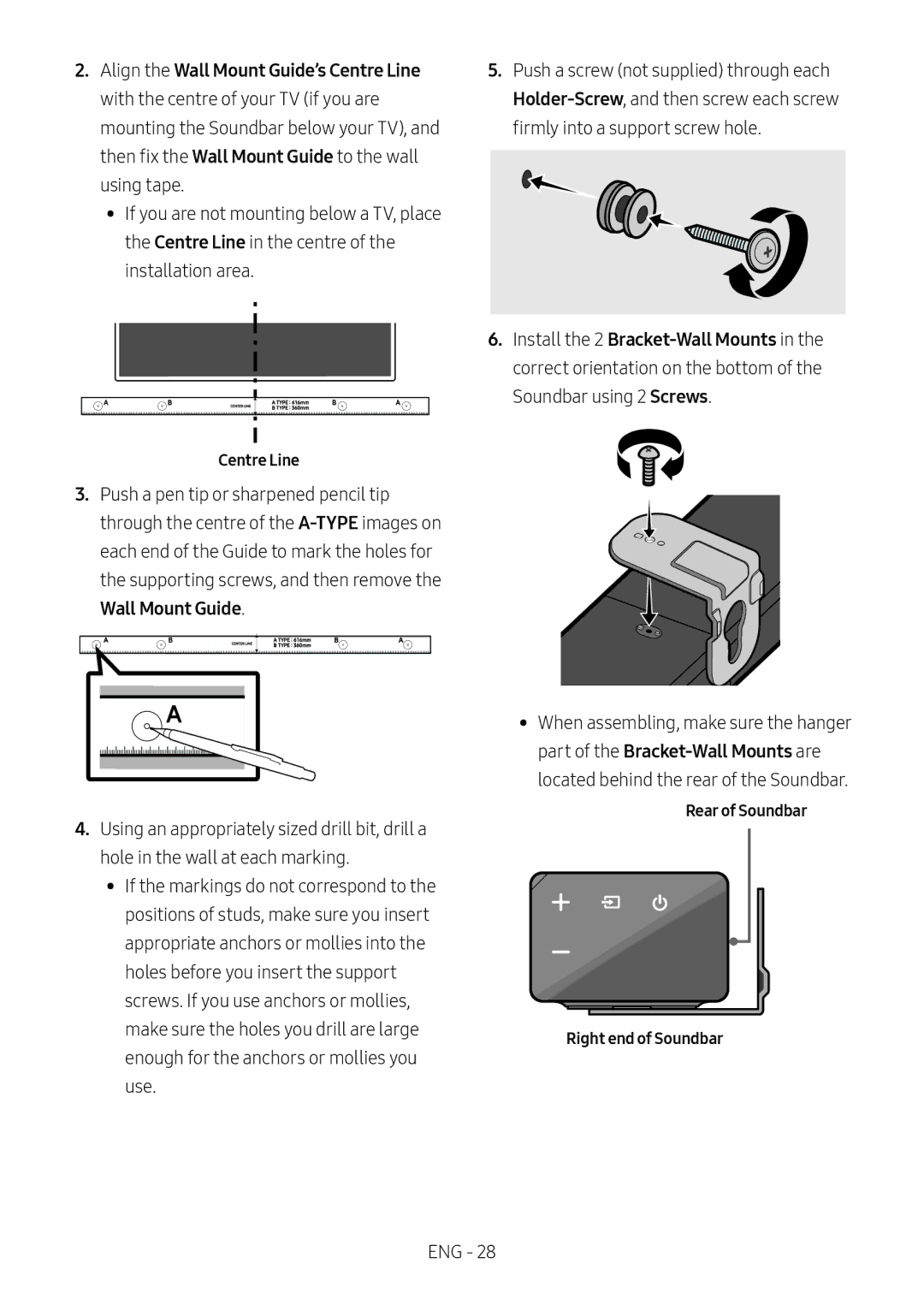 Samsung HW-N550/EN, HW-N550/ZG, HW-N550/XN manual Centre Line, Rear of Soundbar Right end of Soundbar 