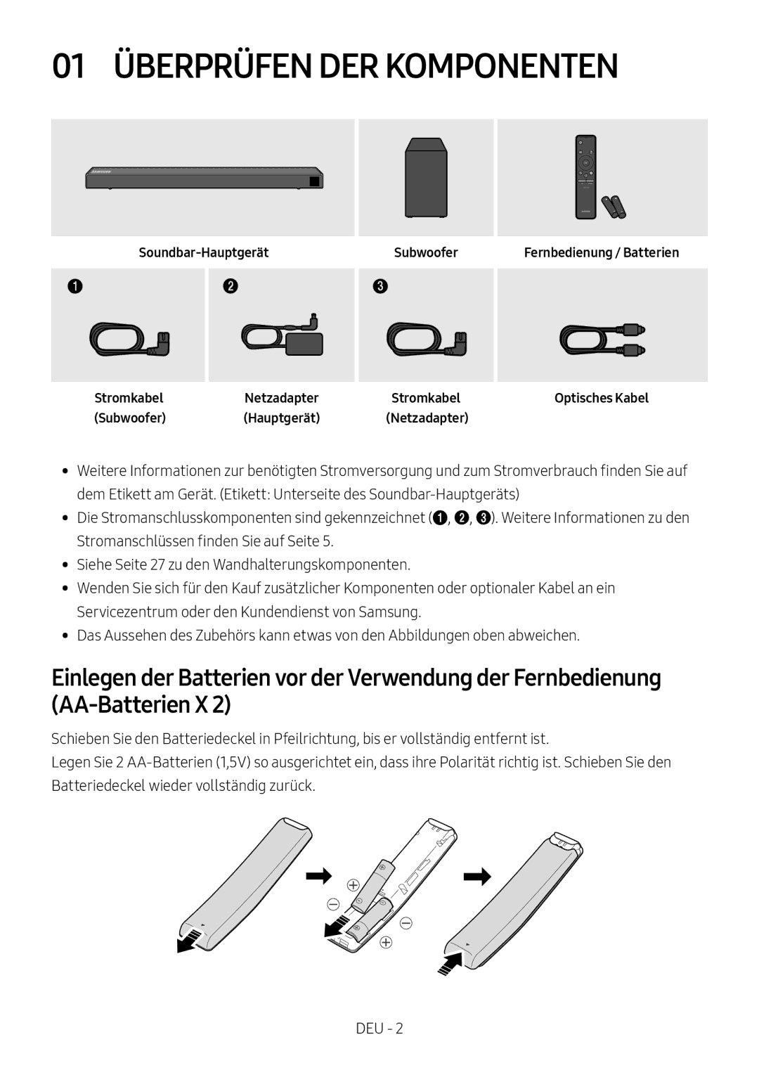 Samsung HW-N550/XN, HW-N550/ZG, HW-N550/EN manual 01 Überprüfen DER Komponenten 