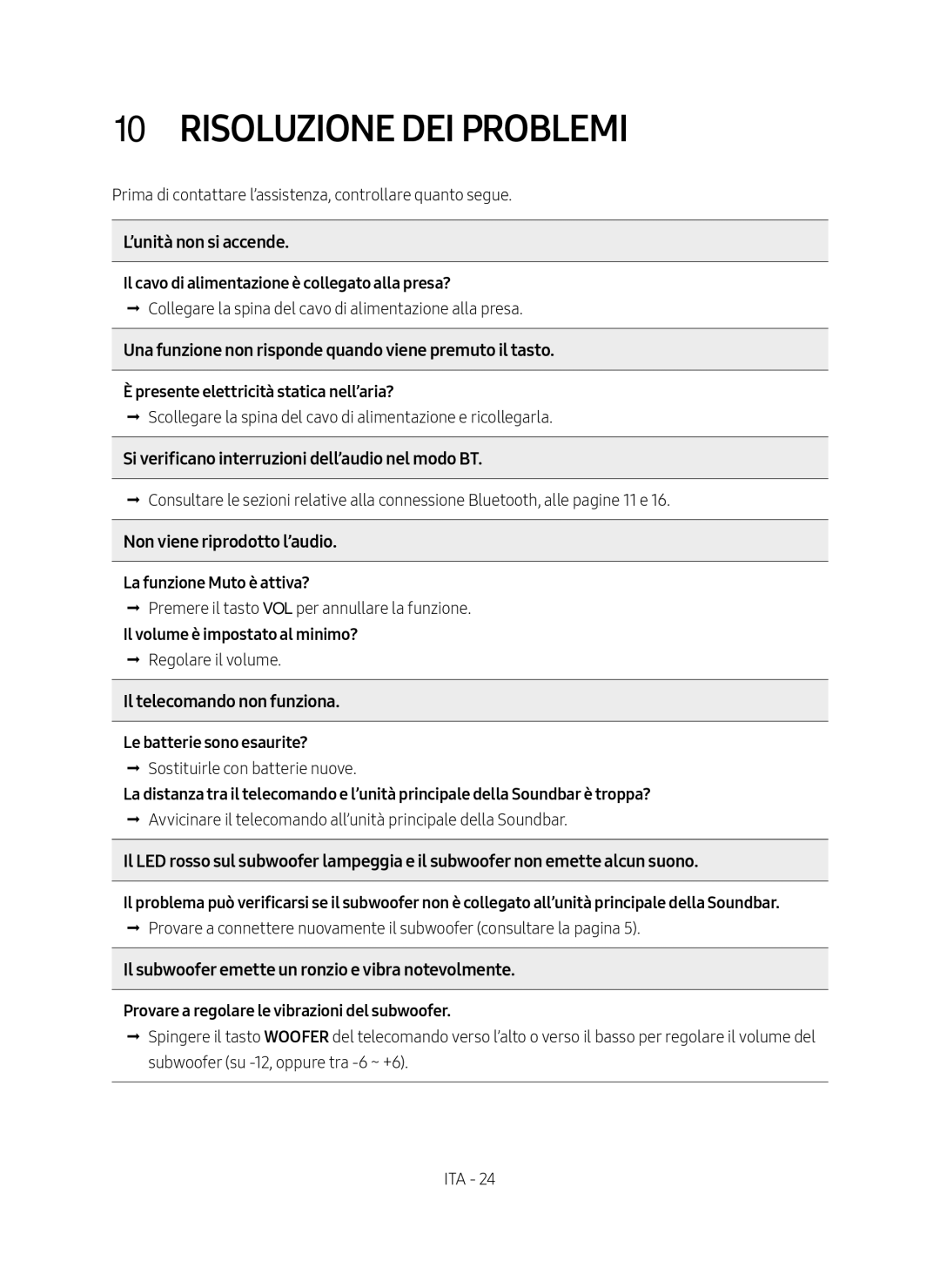 Samsung HW-N550/ZG manual Risoluzione DEI Problemi, ’unità non si accende 