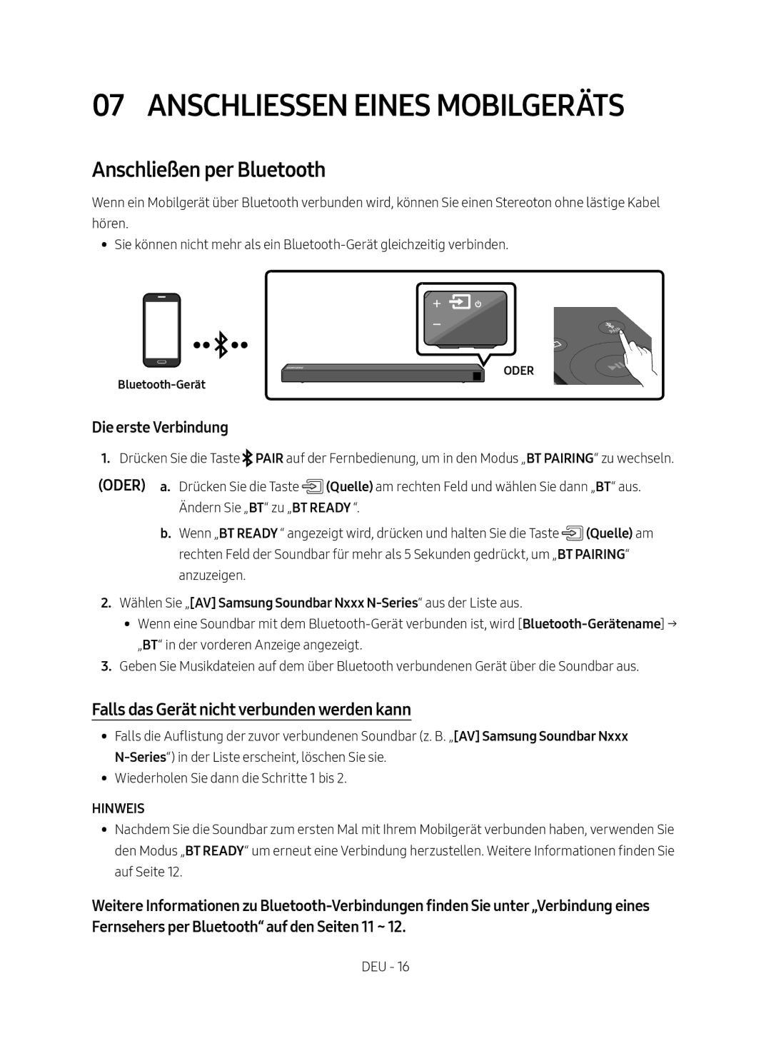 Samsung HW-N550/ZG Anschliessen Eines Mobilgeräts, Anschließen per Bluetooth, Falls das Gerät nicht verbunden werden kann 