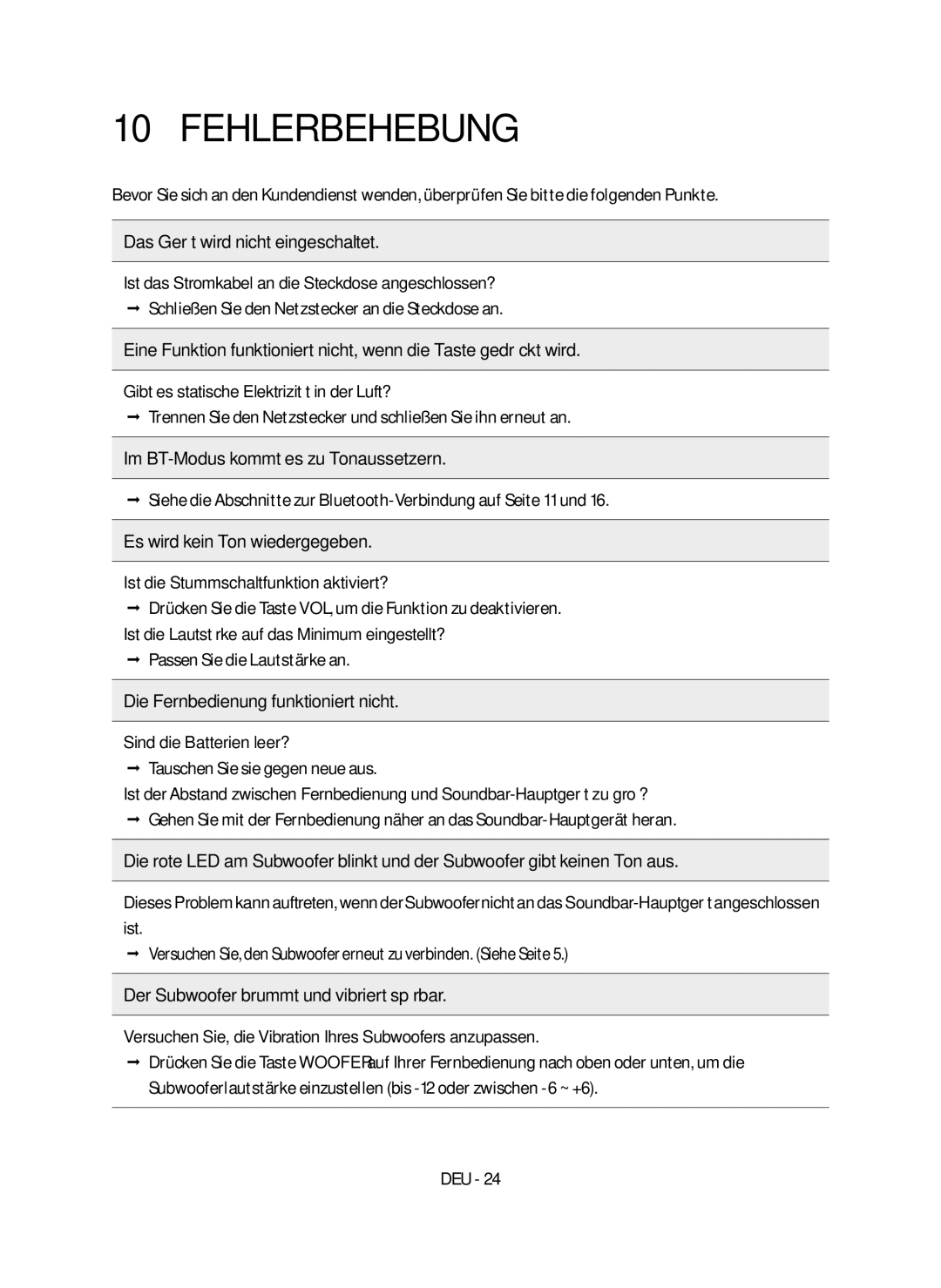 Samsung HW-N550/ZG manual Fehlerbehebung, Das Gerät wird nicht eingeschaltet 