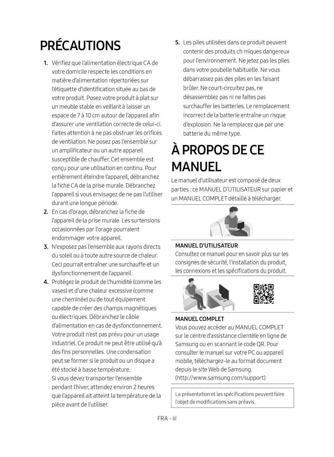 Samsung HW-N550/ZG manual Précautions, Propos DE CE Manuel, Manuel D’UTILISATEUR, Manuel Complet 