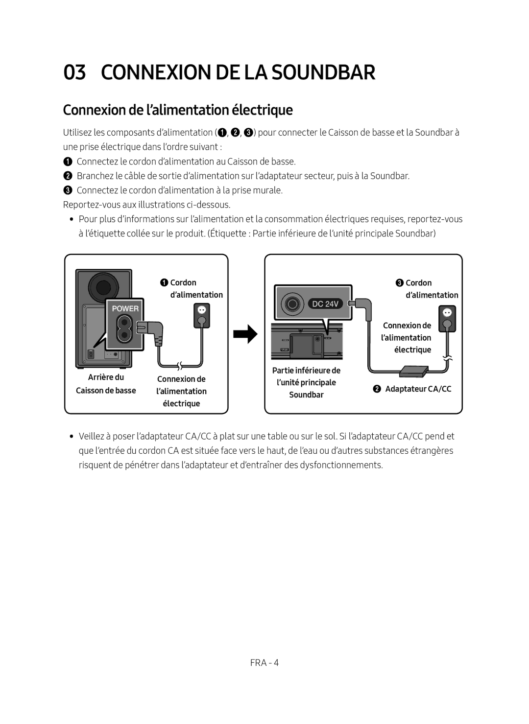 Samsung HW-N550/ZG manual Connexion DE LA Soundbar, Connexion de l’alimentation électrique 