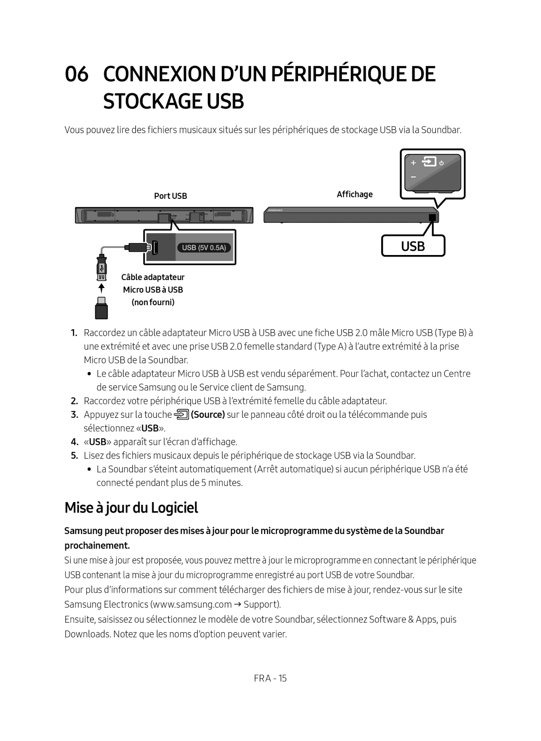 Samsung HW-N550/ZG manual Connexion D’UN Périphérique DE Stockage USB, Mise à jour du Logiciel 