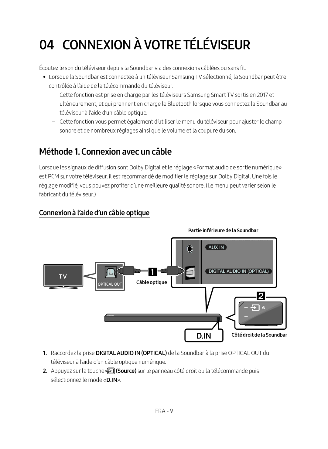 Samsung HW-N650/XN Connexion À Votre Téléviseur, Méthode 1. Connexion avec un câble, Connexion à l’aide d’un câble optique 