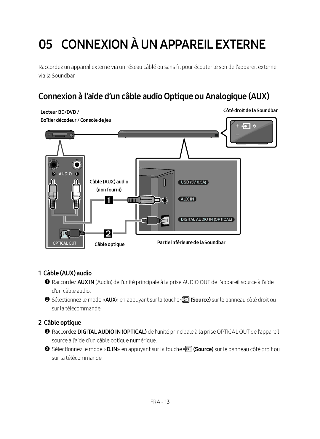 Samsung HW-N650/XN, HW-N650/EN manual Connexion À UN Appareil Externe, Câble AUX audio, Câble optique 