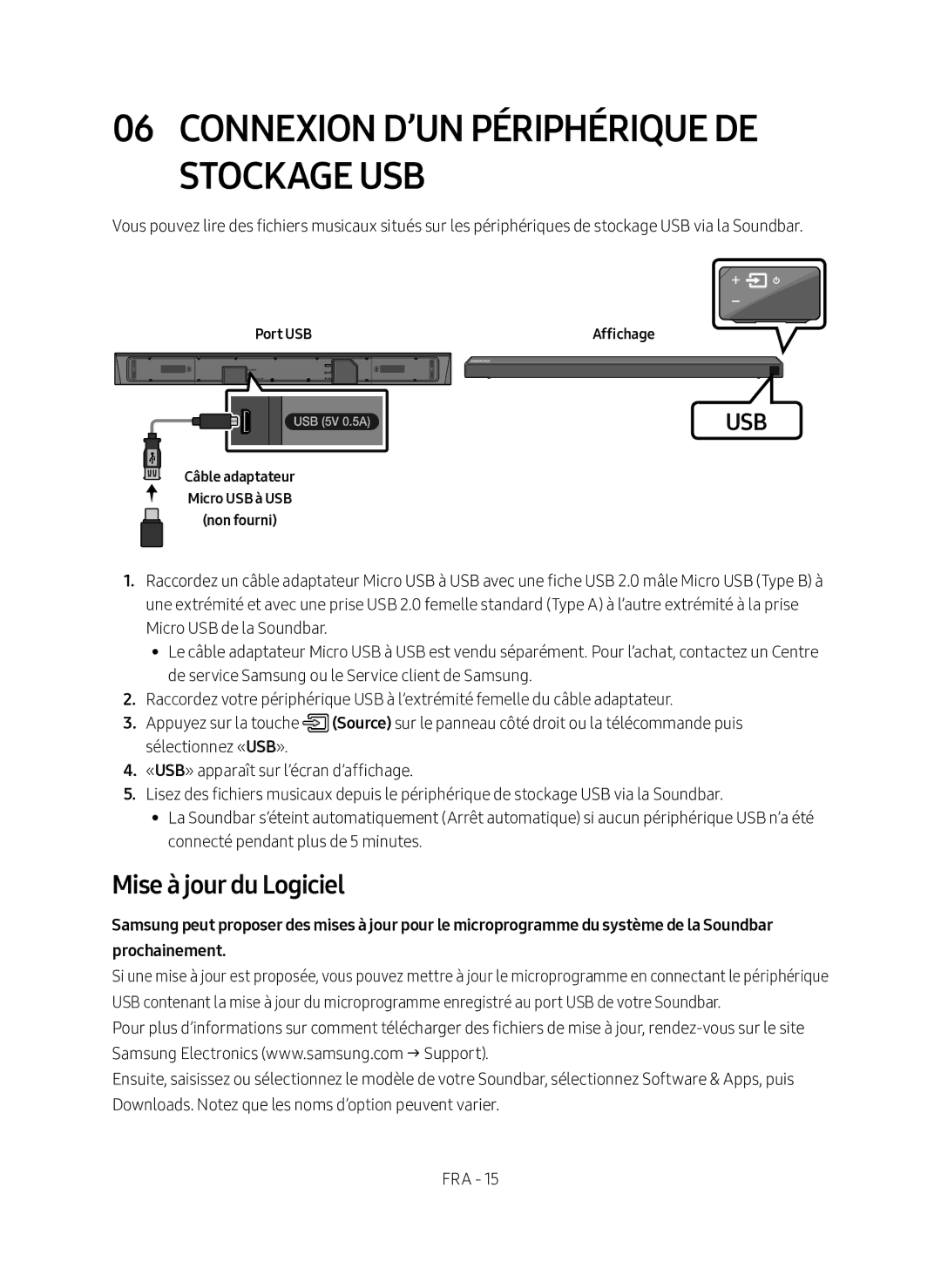 Samsung HW-N650/XN, HW-N650/EN manual Connexion D’UN Périphérique DE Stockage USB, Mise à jour du Logiciel 