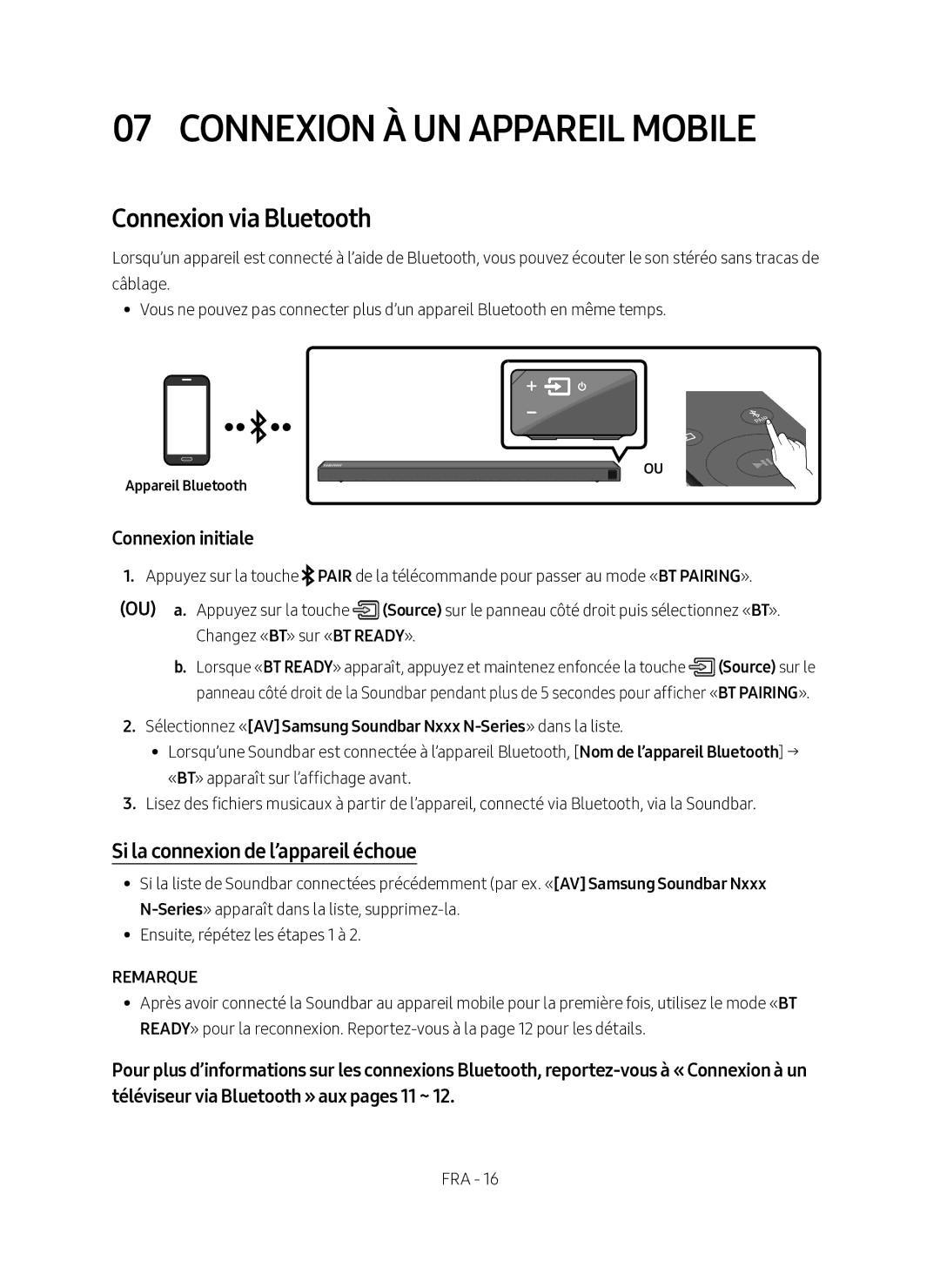 Samsung HW-N650/EN Connexion À UN Appareil Mobile, Connexion via Bluetooth, Si la connexion de l’appareil échoue, Remarque 