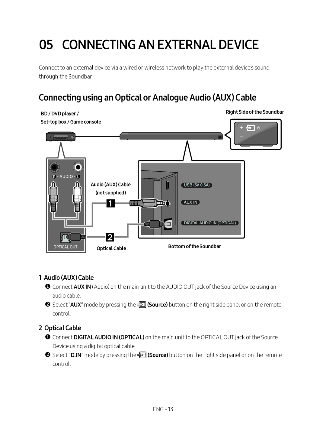 Samsung HW-N650/XN Connecting AN External Device, Connecting using an Optical or Analogue Audio AUX Cable, Optical Cable 