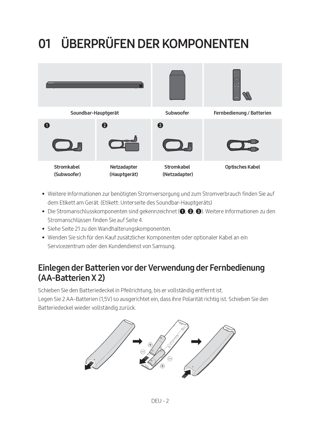 Samsung HW-N650/EN, HW-N650/XN manual 01 Überprüfen DER Komponenten 