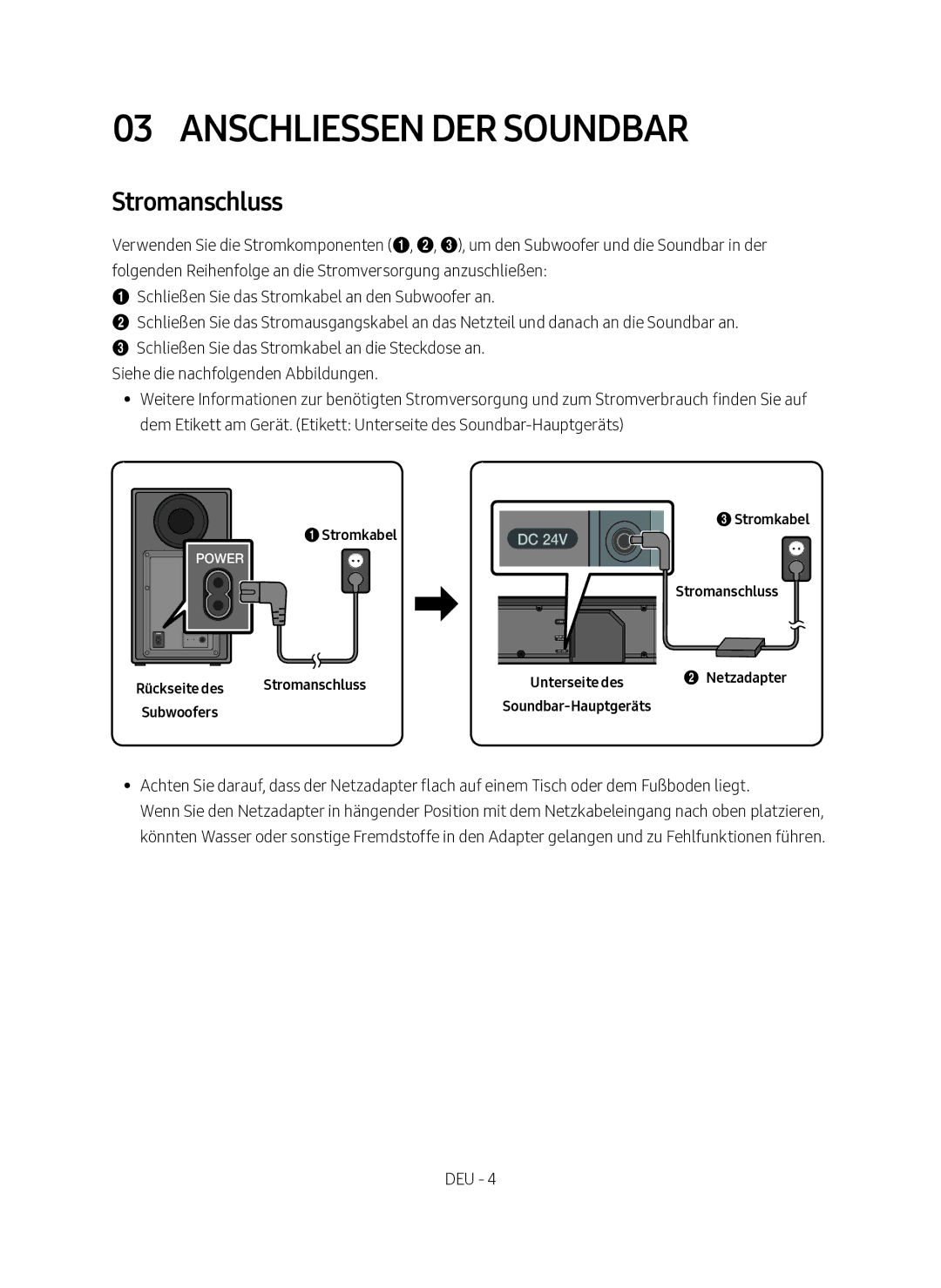 Samsung HW-N650/EN, HW-N650/XN manual Anschliessen DER Soundbar, Stromanschluss 