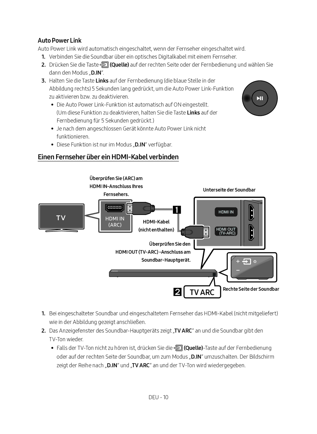 Samsung HW-N650/EN, HW-N650/XN manual Auto Power Link, Einen Fernseher über ein HDMI-Kabel verbinden 