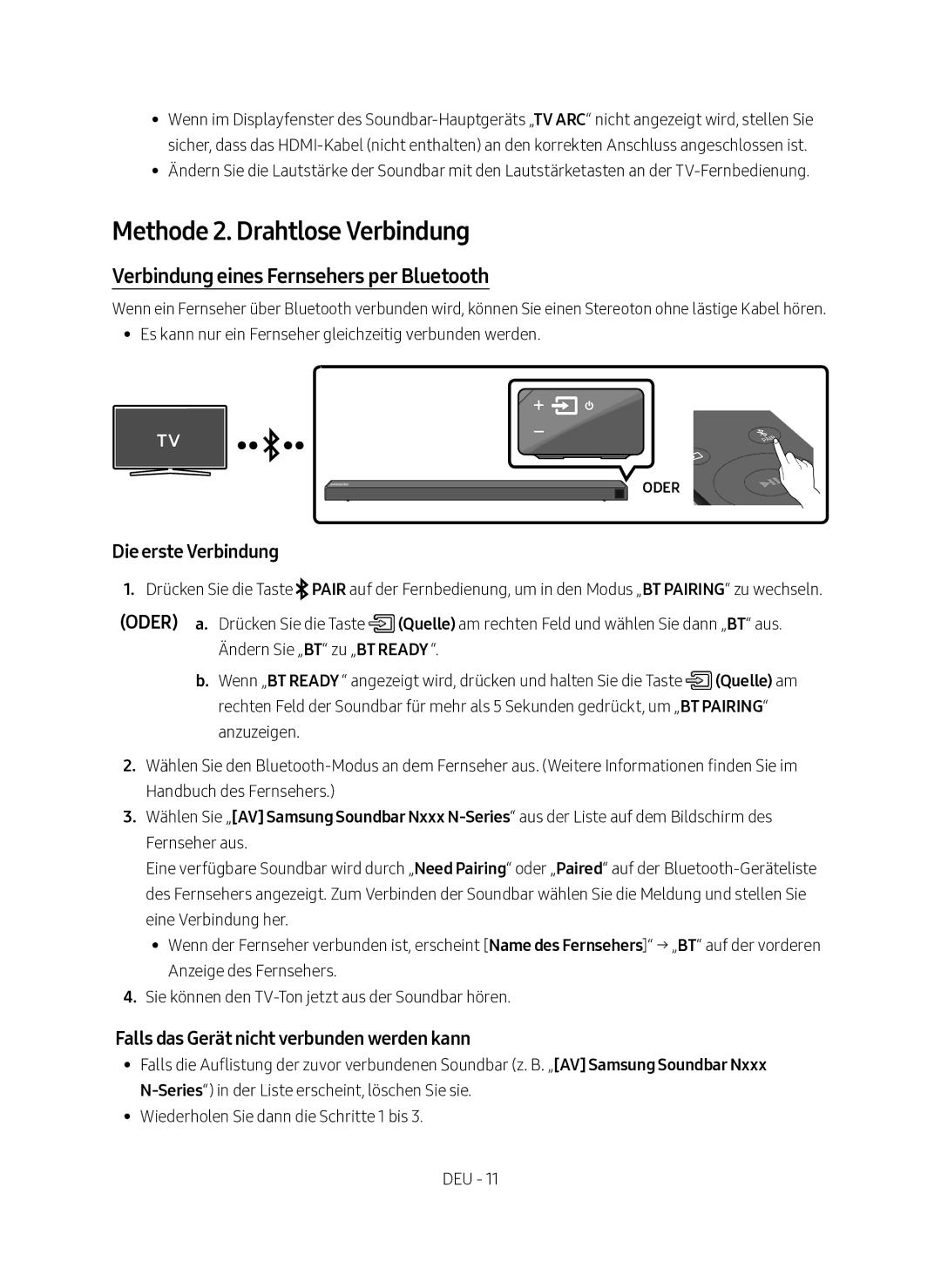 Samsung HW-N650/XN manual Methode 2. Drahtlose Verbindung, Verbindung eines Fernsehers per Bluetooth, Die erste Verbindung 