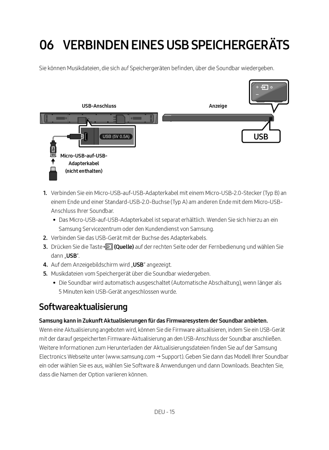 Samsung HW-N650/XN, HW-N650/EN manual Verbinden Eines USB Speichergeräts, Softwareaktualisierung 