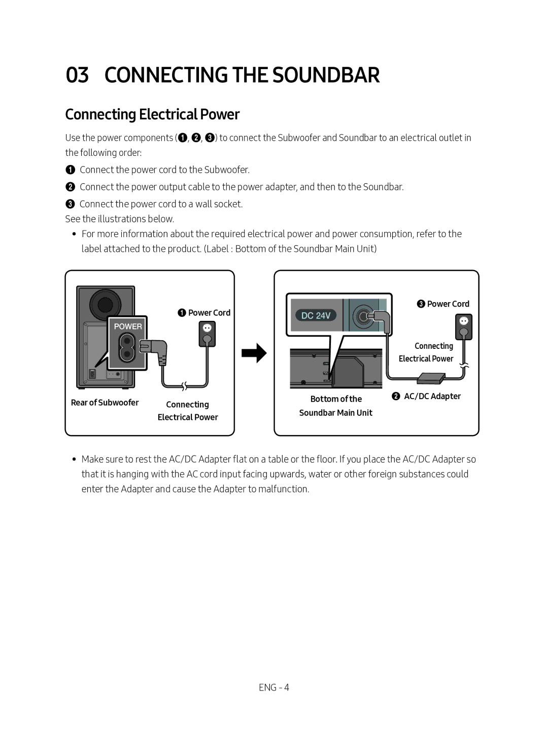 Samsung HW-N650/EN, HW-N650/XN manual Connecting the Soundbar, Connecting Electrical Power 