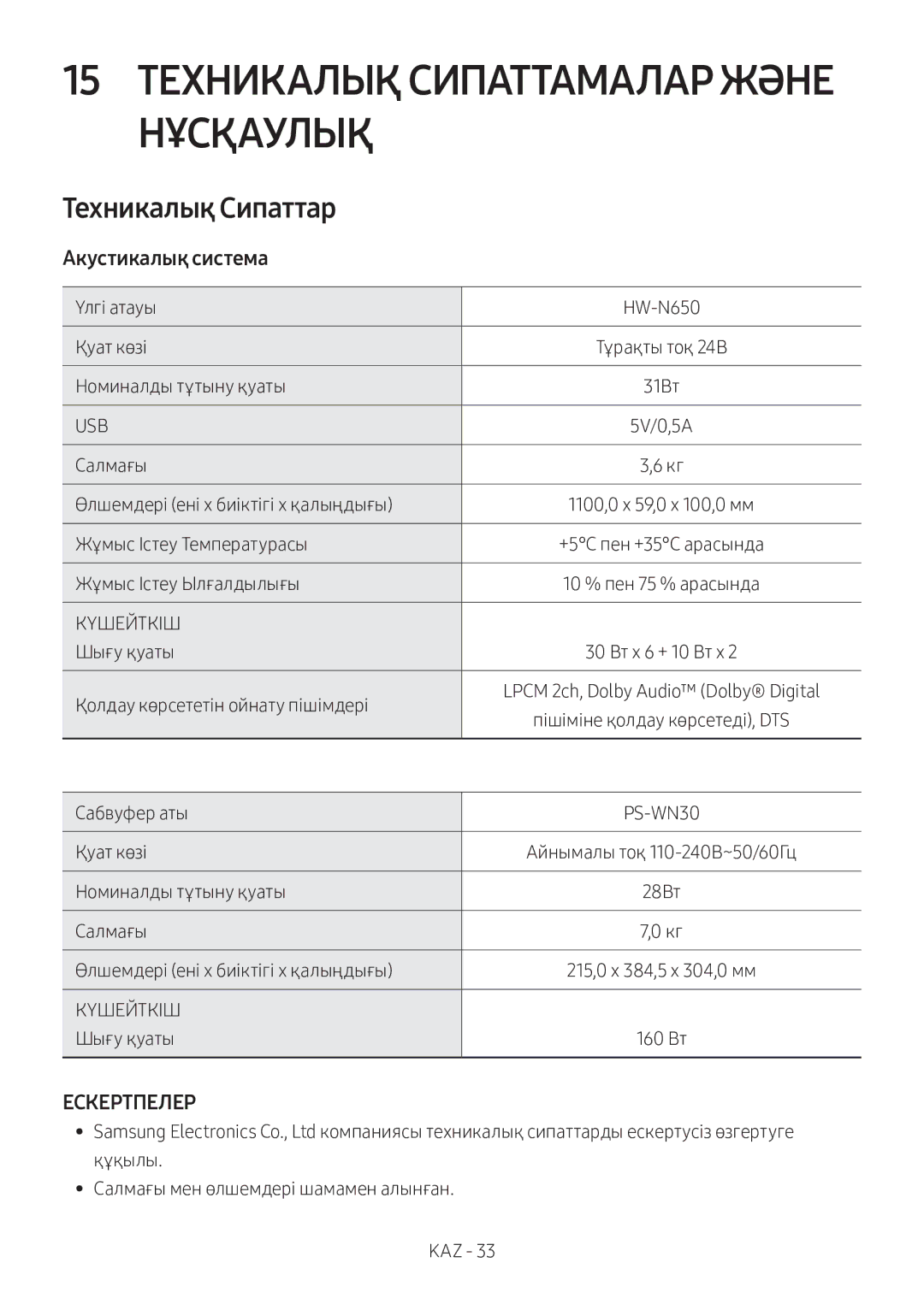 Samsung HW-N650/RU manual 15 Техникалық Сипаттамалар Және Нұсқаулық, Техникалық Сипаттар, Aкустикалық система 