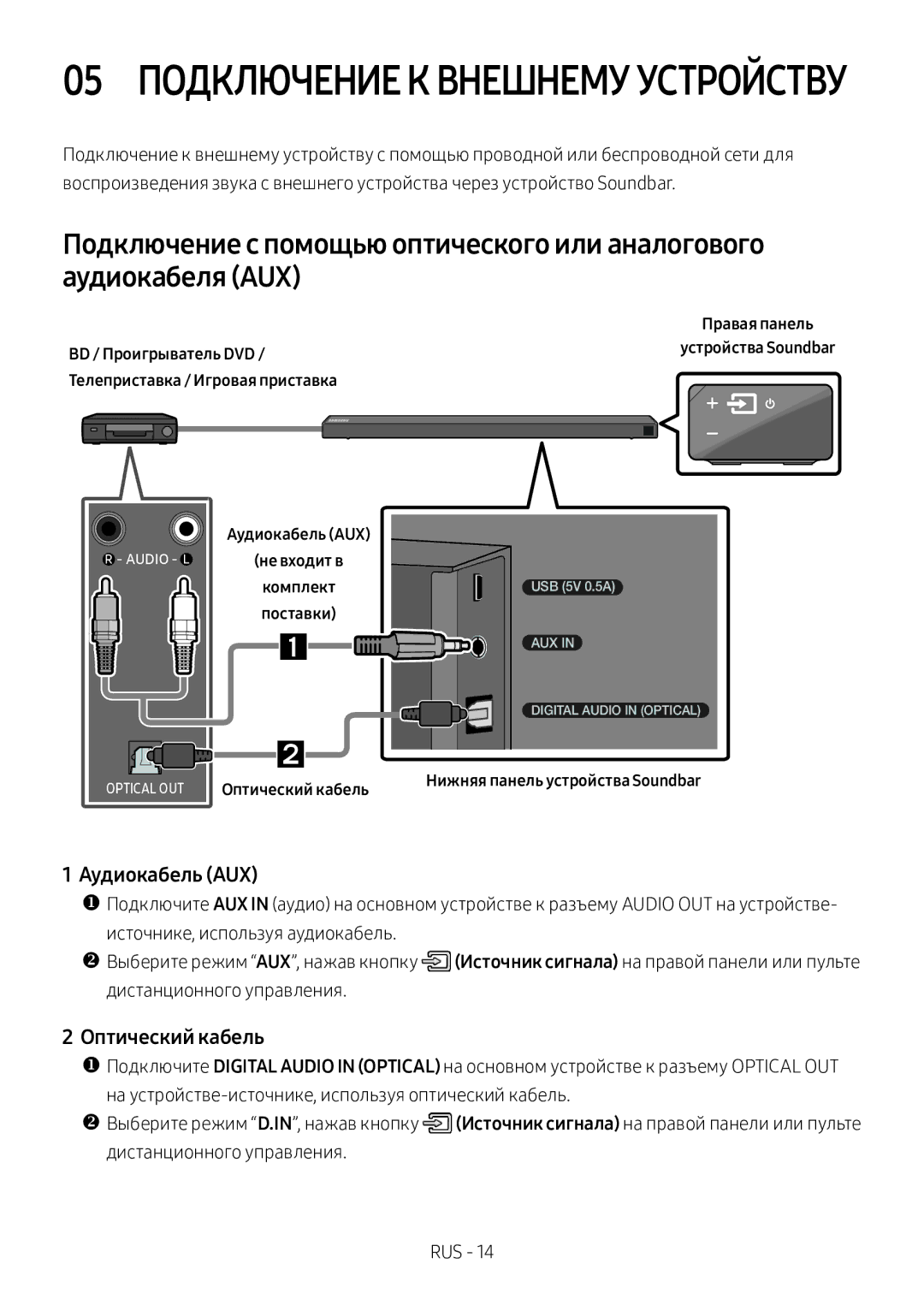 Samsung HW-N650/RU manual Аудиокабель AUX, Оптический кабель, Комплект, Нижняя панель устройства Soundbar 