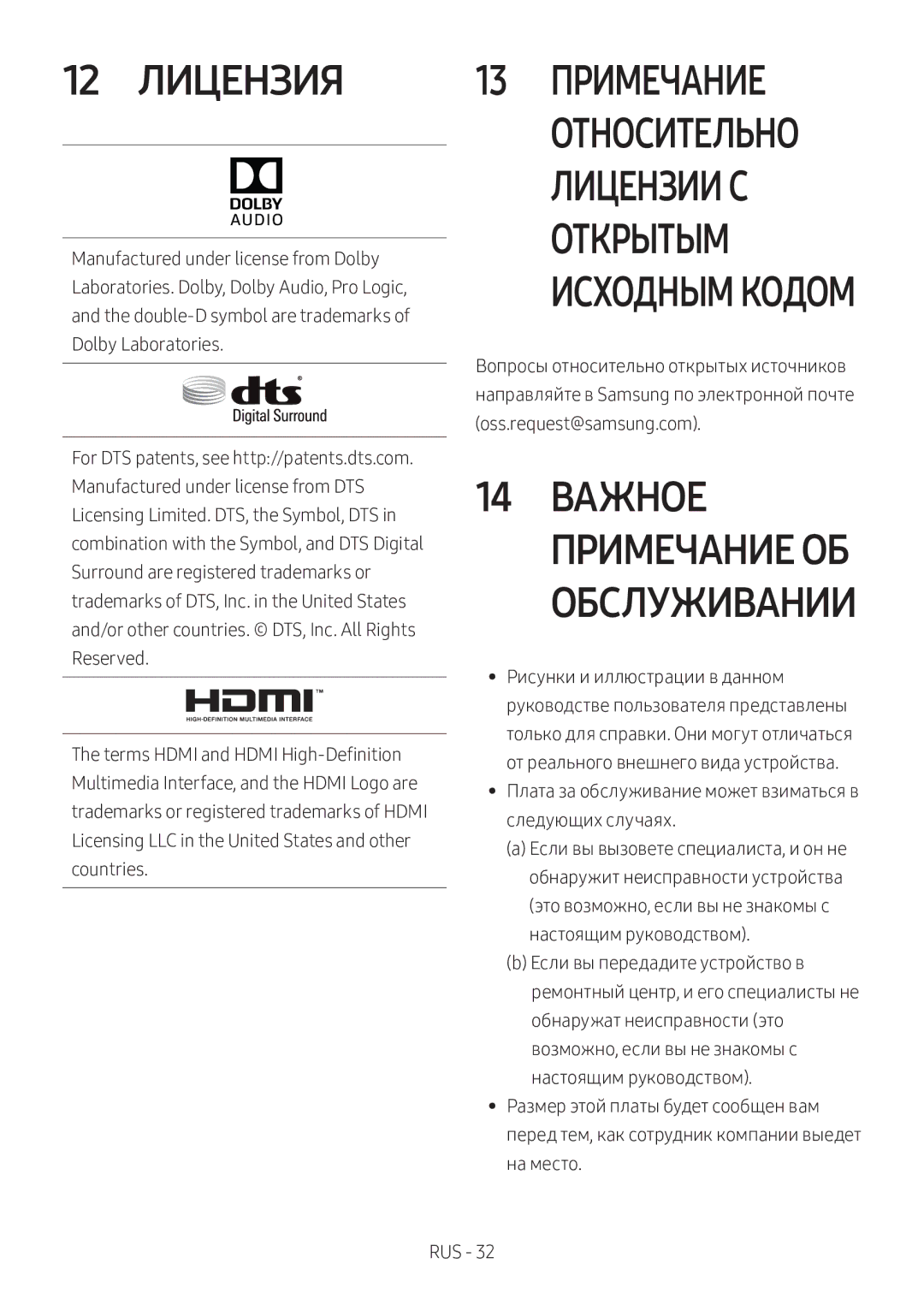 Samsung HW-N650/RU manual 12 Лицензия, 13 Примечание, Oss.request@samsung.com 