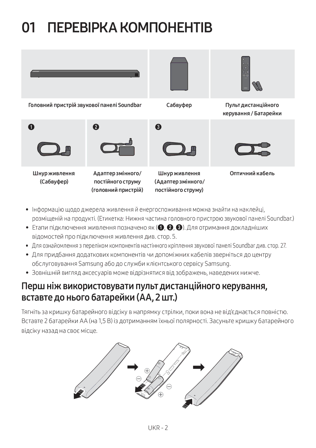 Samsung HW-N650/RU manual 01 Перевірка Компонентів, Головний пристрій звукової панелі Soundbar Сабвуфер, Шнур живлення 