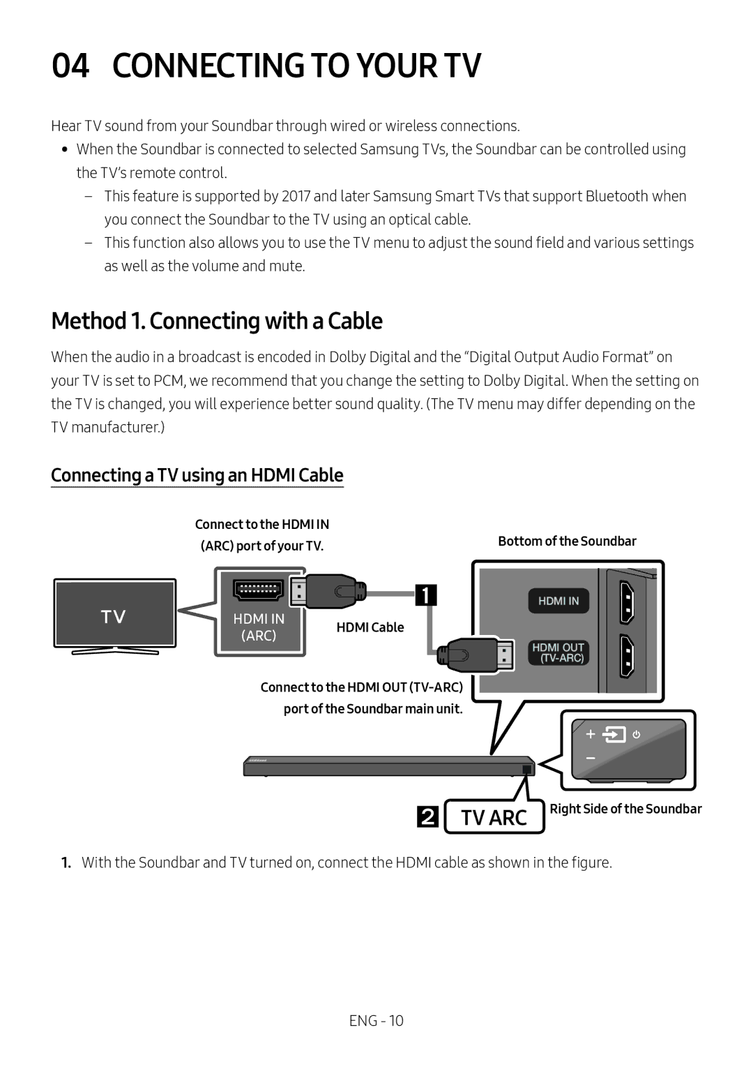 Samsung HW-N650/XV manual Connecting to Your TV, Method 1. Connecting with a Cable, Connecting a TV using an Hdmi Cable 