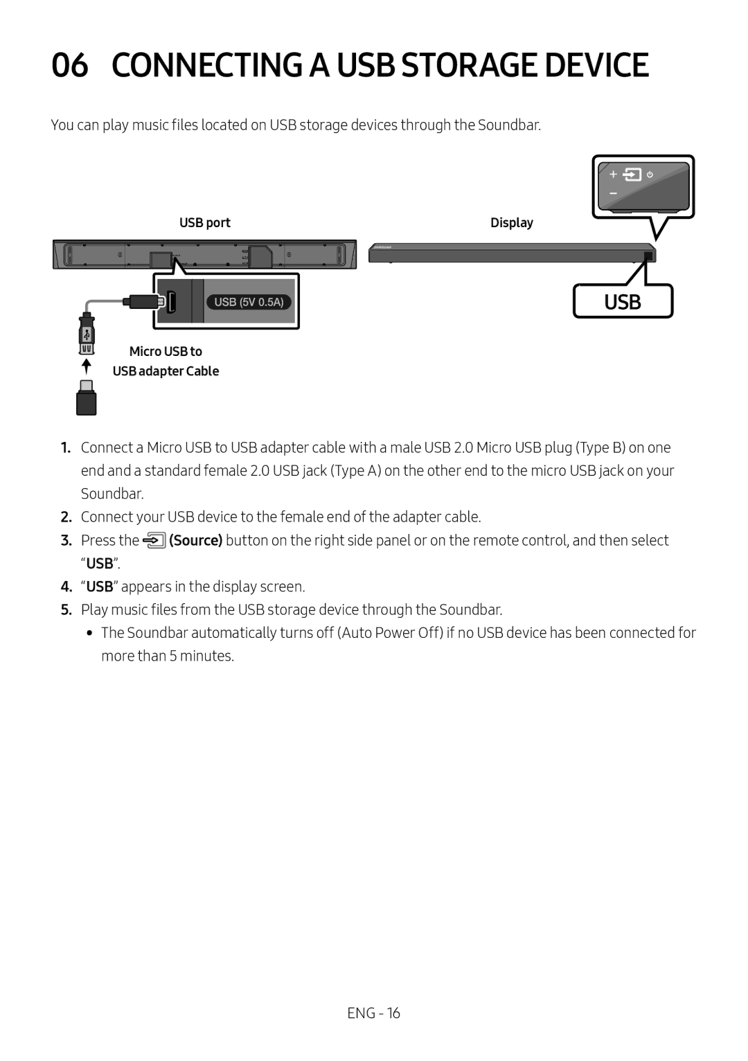 Samsung HW-N650/XV manual Connecting a USB Storage Device, USB port, Micro USB to USB adapter Cable 